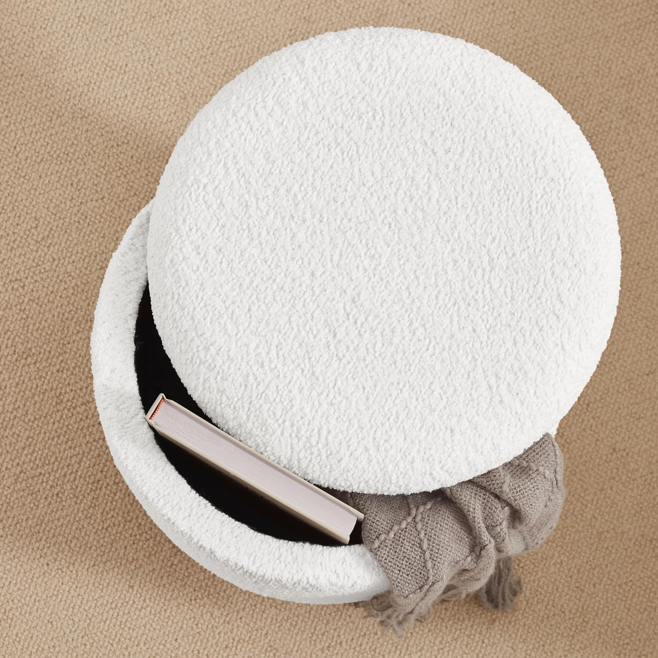 Ornavo Round Ottoman With Storage - Boucle White Vanity Chair Stool With Lift-Top Lid