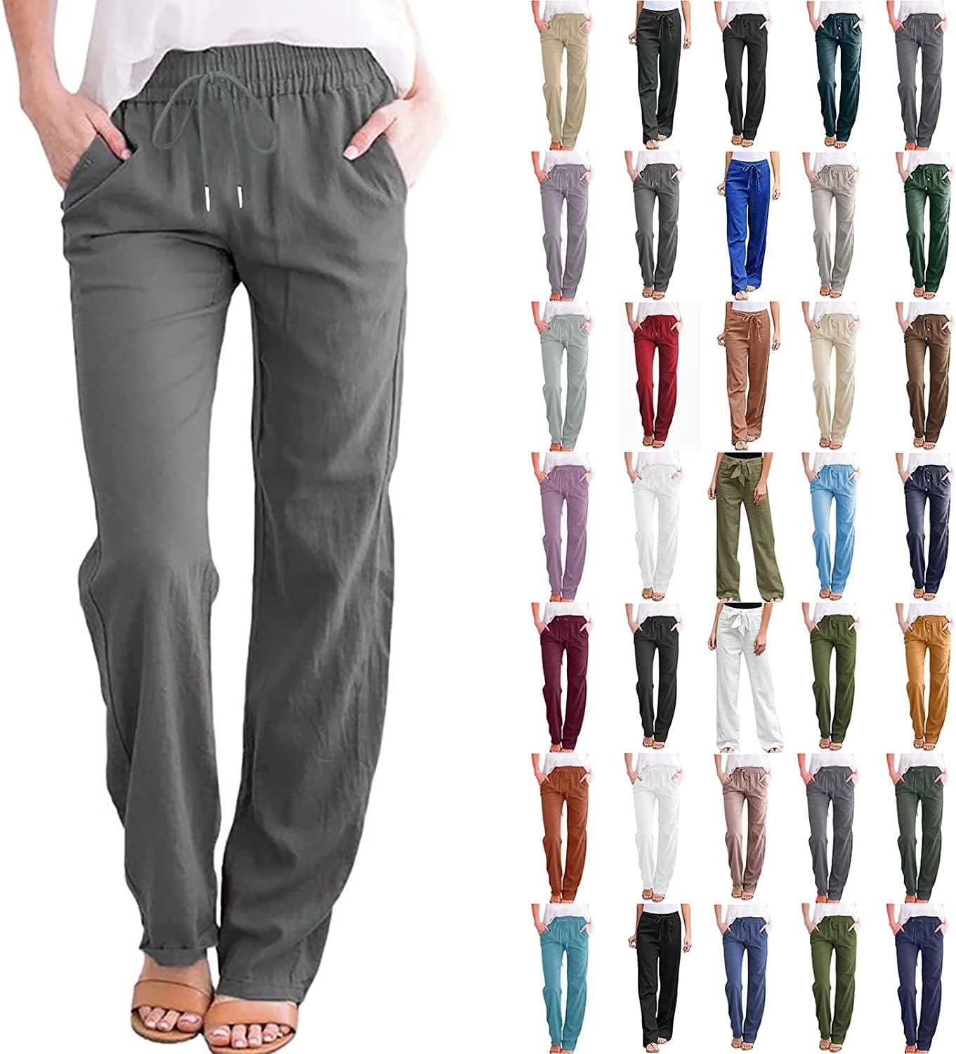 Generic Womens Casual Cotton Linen Pants Lightweight Elastic Waist Pant Summer Fall Lounge Plain Drawstring Trousers Large