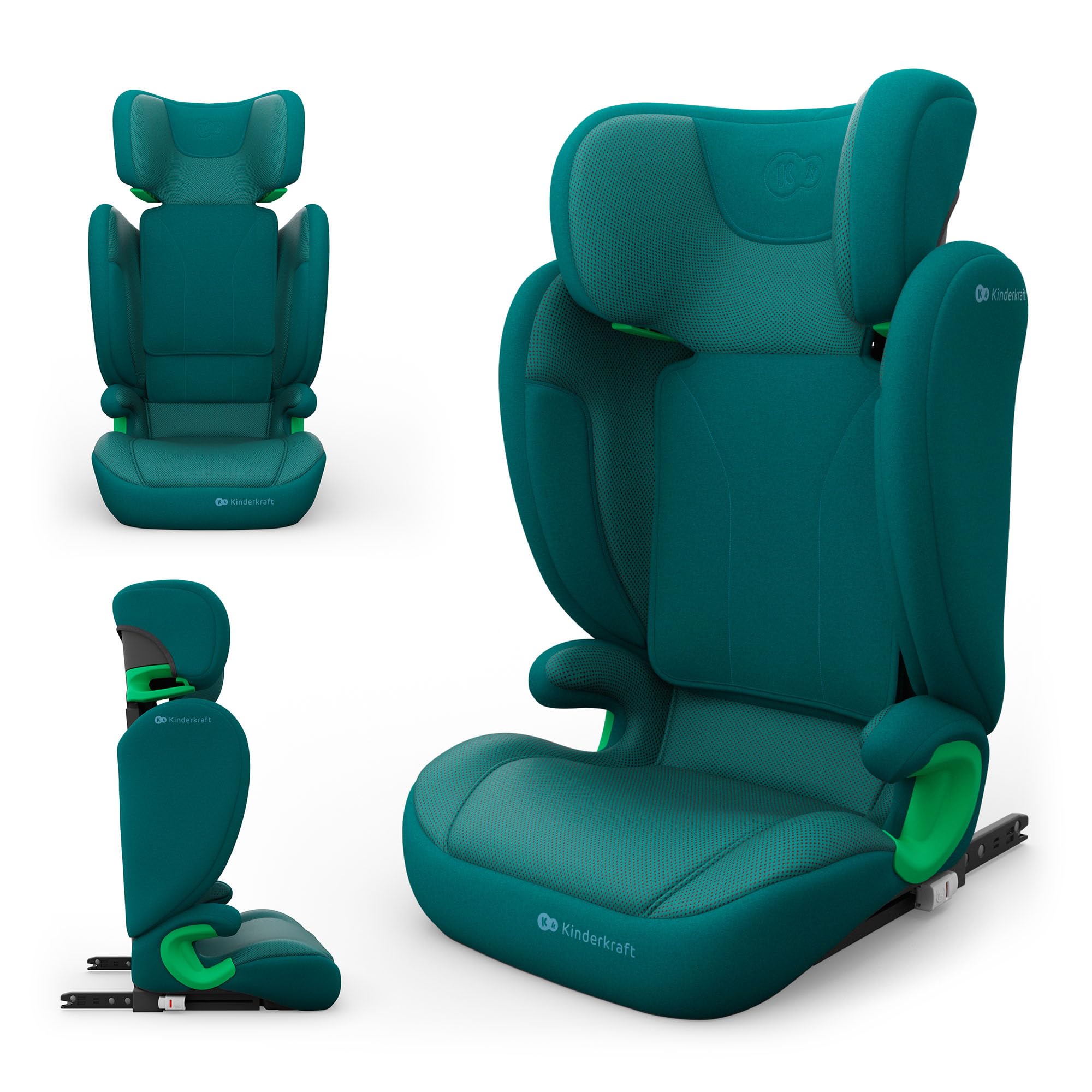 Kinderkraft Junior FIX 2 PRO Child car seat 100-150 cm, ISOFIX + seat Belt Install, H-Guard headrest, SPS Side Protection, Clear Belt Guides, AIR Flow Breathable Upholstery, Green