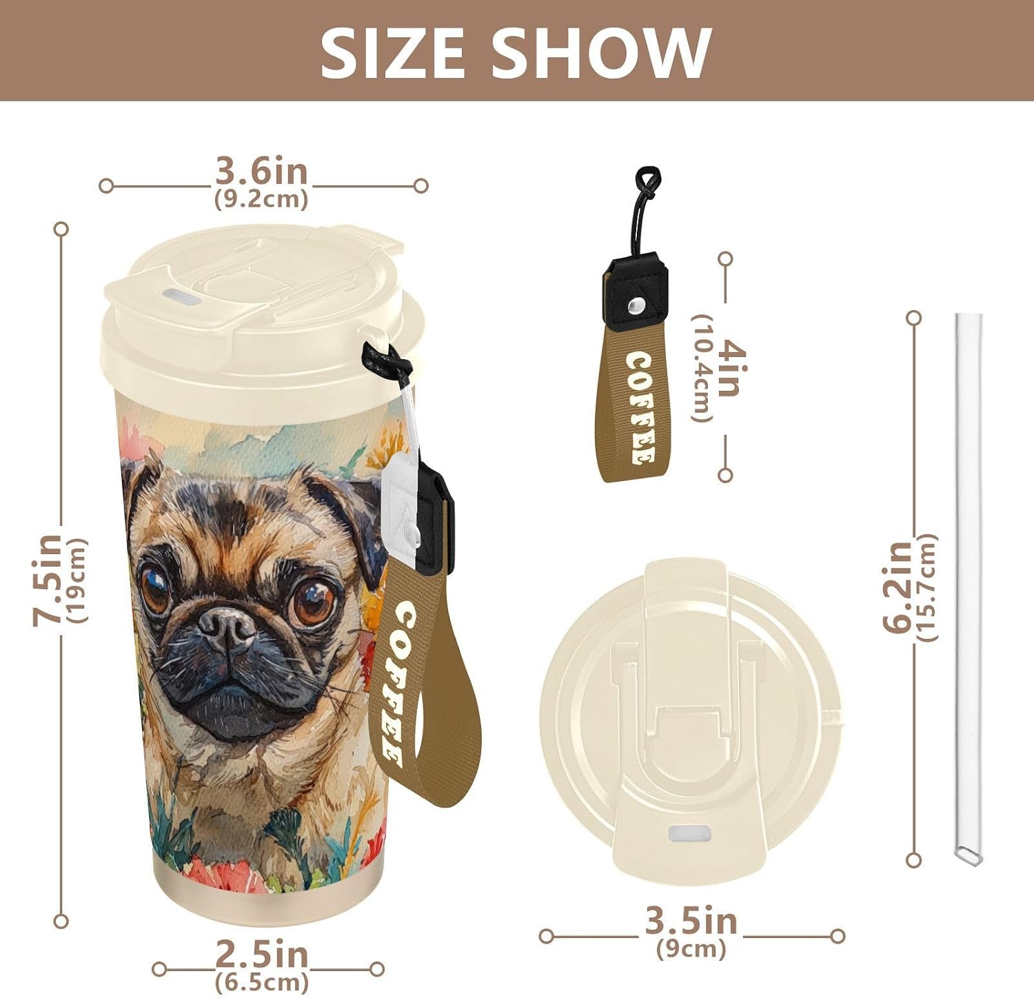 Pug Garden Colors Cute Insulated Coffee Mug with Straw & Flip Lid, 16.9oz Iced Tumbler Cup, Double Wall Vacuum Leak-Proof Mug for Travel Office