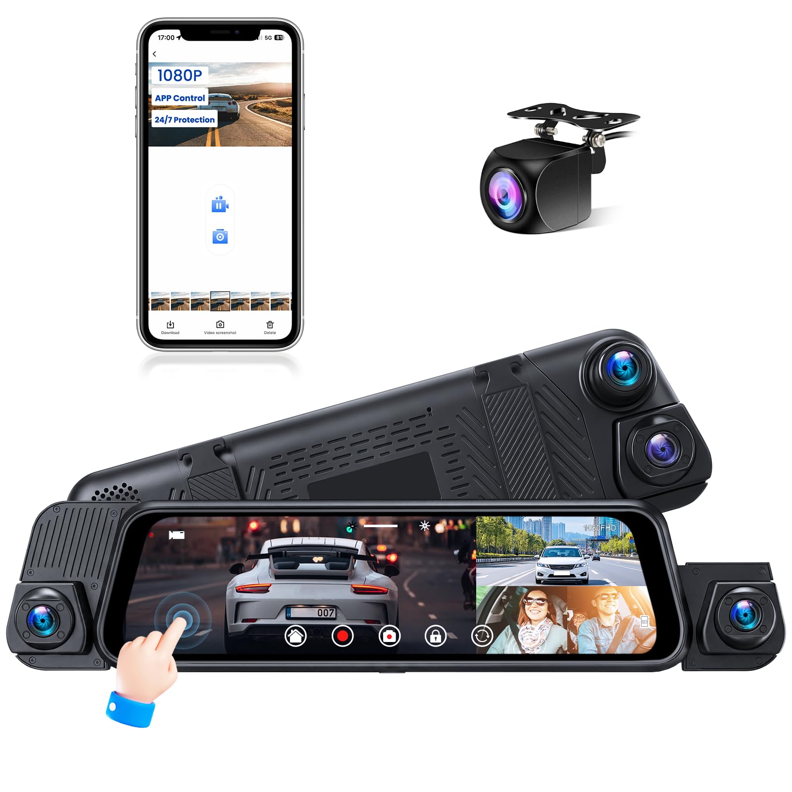 10" Espejo Retrovisor Dashcam Pantalla Tácti, Delantera Trasera Izquierda y Derecha 4cámaraStreaming Media con Tarjeta 64 G Lente Doble Súper Visión Nocturna, G-Sensor/Grabación en Bucle