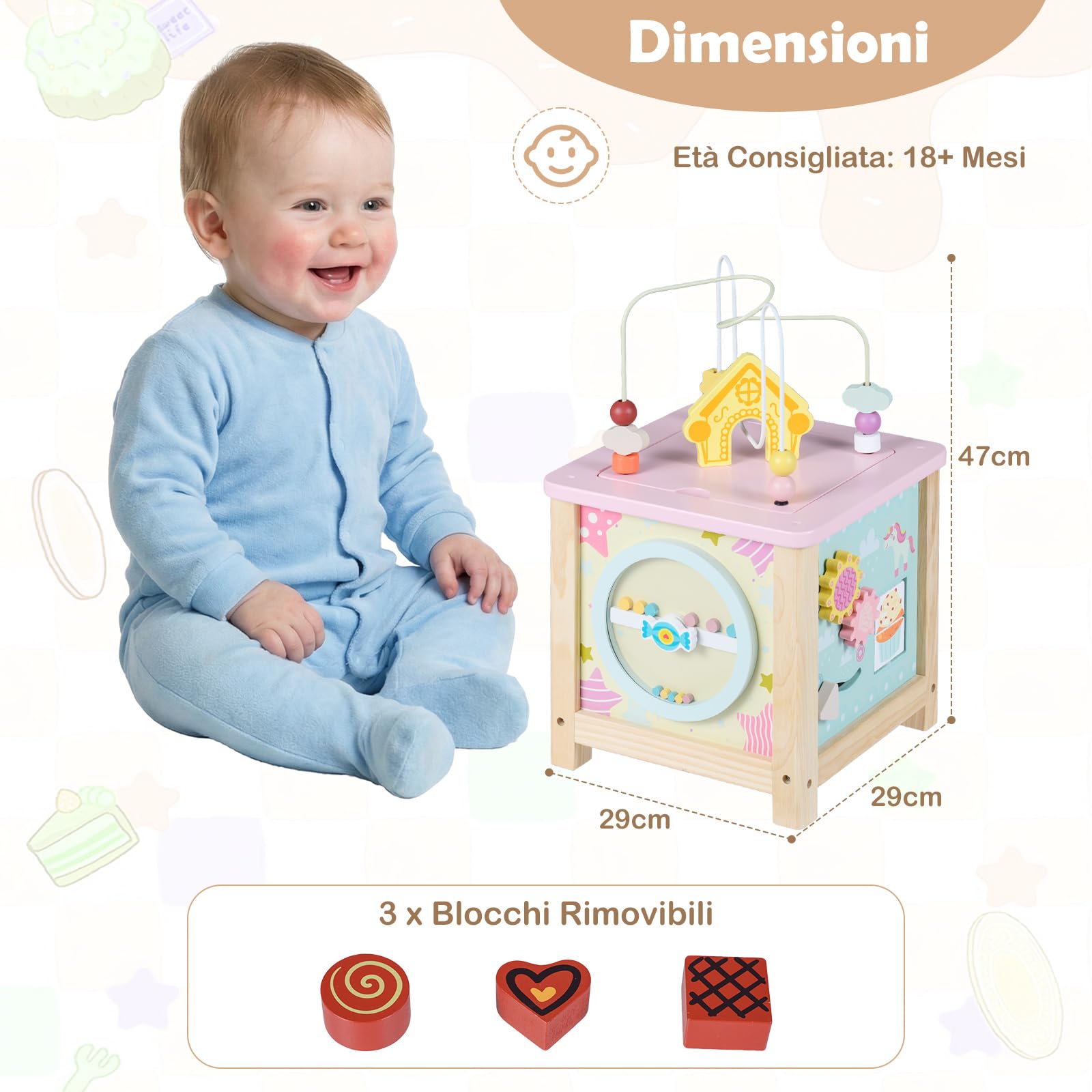 COSTWAY Cubo attività in Legno, Giochi Sensoriali Montessori per Bambini da 18+ Mesi, Giochi Educativi per Lo Sviluppo del Bambino, Giocattolo di Apprendimento per Compleanno e Natale