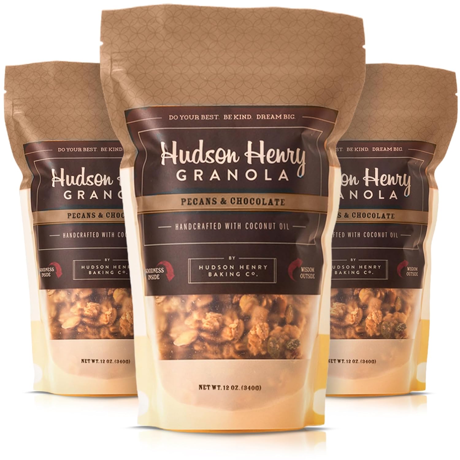 Hudson Henry Chocolate Pecan Granola for Yogurt, Snacking & Cereal | Dark Chocolate Granola with Pecans & Oats | Gluten Free, Non-GMO, Small Batch Baked | 3 Pack (12 oz Bags)