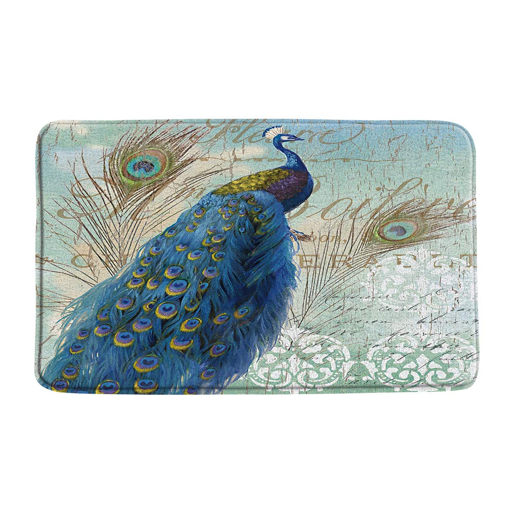 Sunhe Vintage Blue Peacock Bath Mat Elegant Animal Peacock Feather Floral Retro Teal Turquoise Memory Foam Soft Home Office Door Bathroom Mat/Bath Rugs