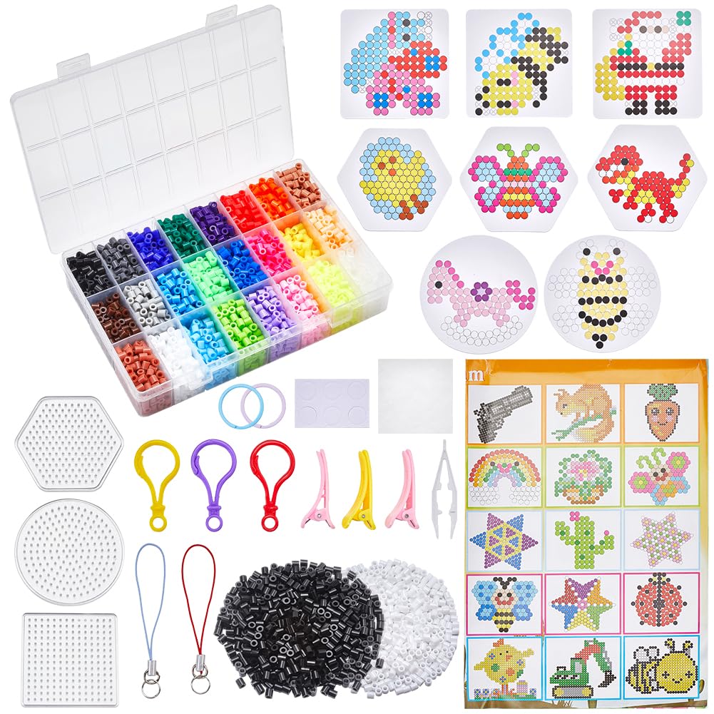 1 Scatola 24 Colori 4300 Pezzi Kit di Perline Fuse 5mm Perline da Fusione con Pannelli Forati Accessori per Catene di Carta da Stiro 1000 Pezzi Ricariche di Perline Fuse in Bianco e Nero per