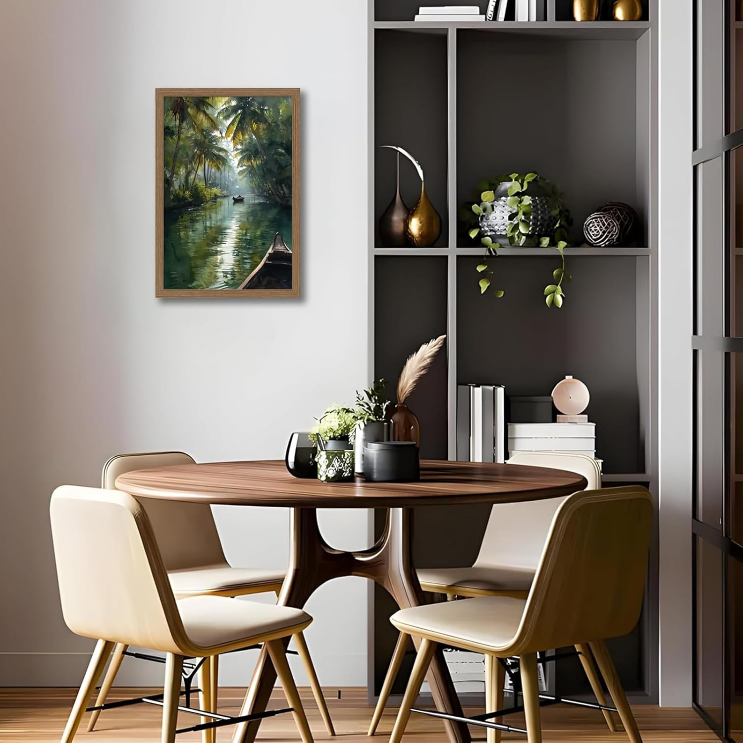 Kerala India Framed Wall Art – Tropical Watercolor Jungle River Painting with Wooden Boat, Palm Trees Water Scene Print, Wood Frame Picture Wall Decor 16x24 Inch