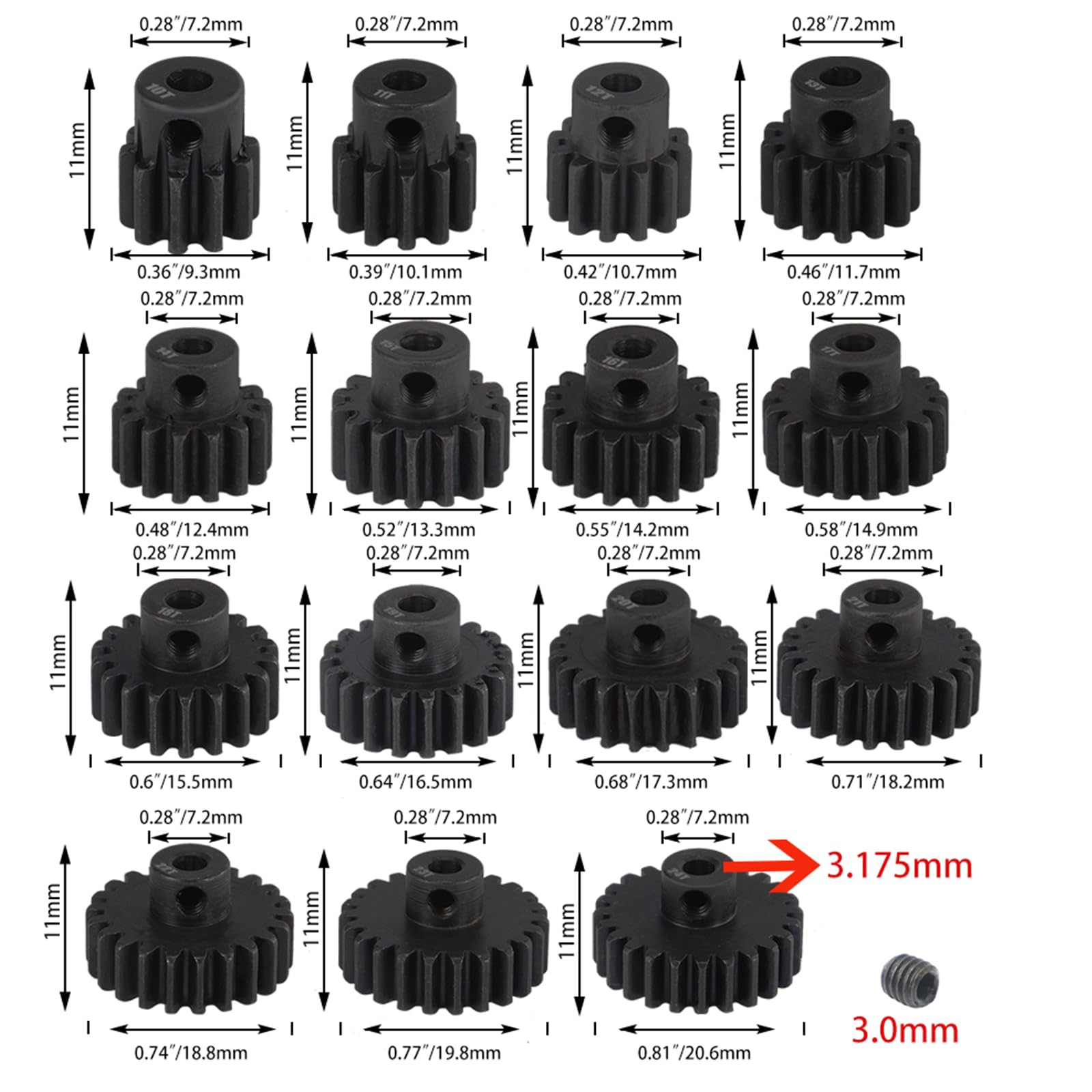 0.8M Hardened Steel Pinion Gear Set 1/8 inch 3.175mm Hole 20T 21T 22T 23T 24T with Hex Key for RC Brushless Brush Motor RC Car Upgrade(Compatible with 0.8 Metric Pitch)