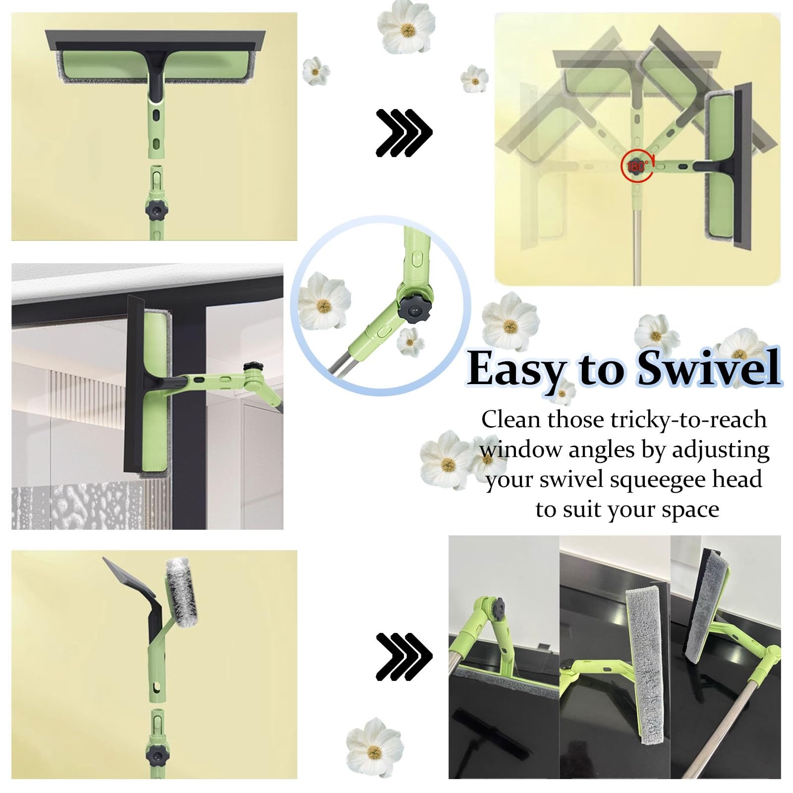 Herramienta de Limpieza de Ventanas 2 en 1 Verde para Coche, Kit de Limpieza de Ventanas con Palo telescópico y (3) paños de Microfibra, limpiacristales/Coche/Suelo/Puerta