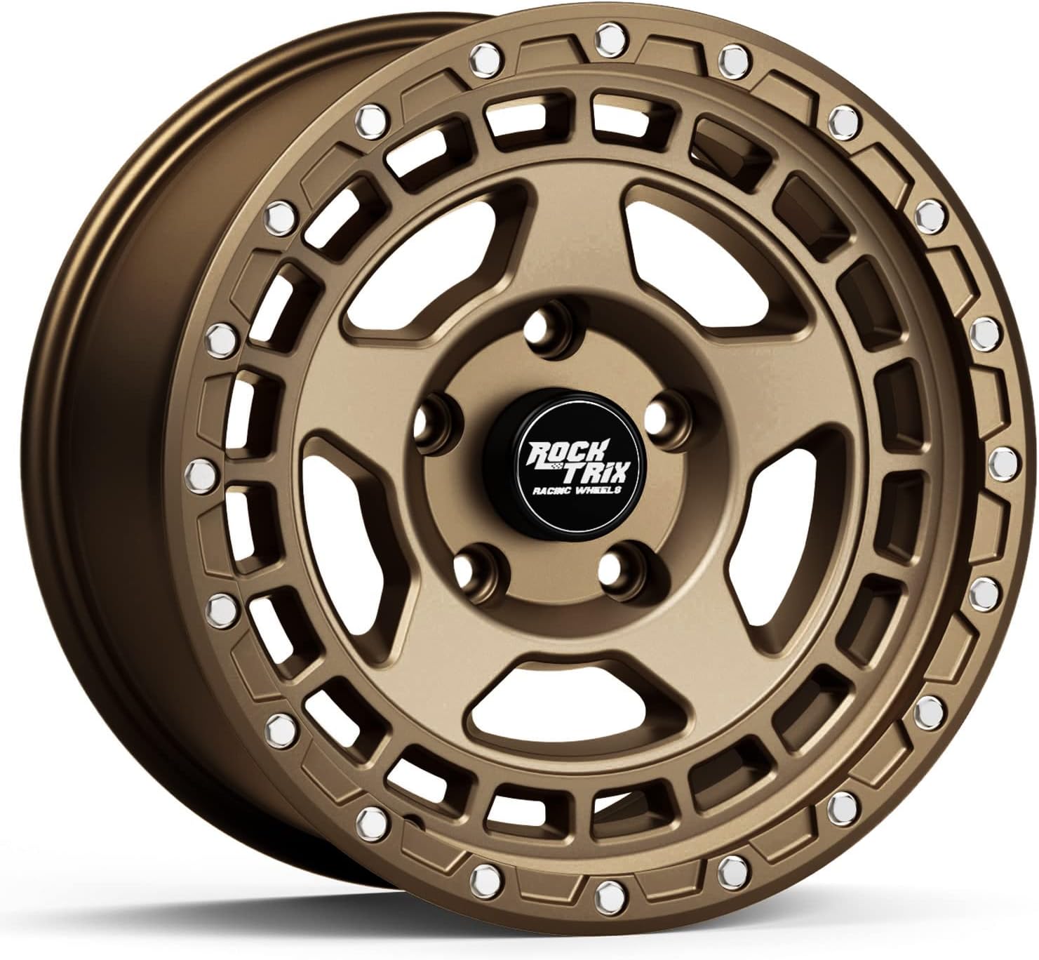RockTrix RT115 17 inch Wheel Compatible with Jeep Wrangler JK JL 17x9 5x5 Wheels (-12mm Offset, 4.5in Backspace) 5x5 PCD, 71.5mm Bore, Bronze Wheels, Also fits Gladiator JT Rims