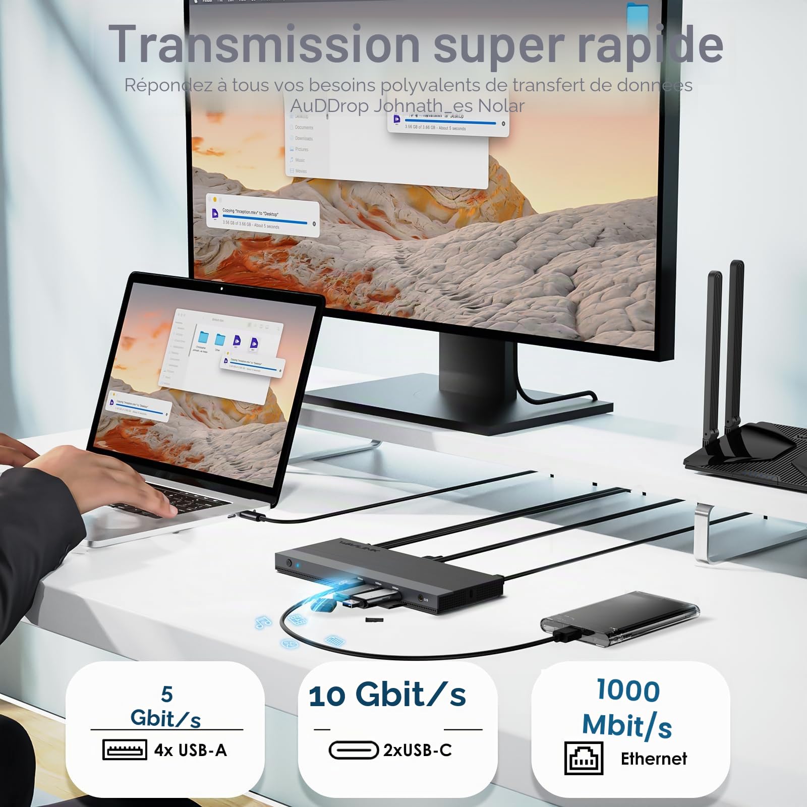 Station d'accueil Triple écran USB-C 13-en-1 WAVLINK, Prise en Charge de la Charge 100 W pour PC, Max. 4K@144Hz/8K@30Hz (DP), Double 4K@60Hz (HDMI), USB 3.0, Gigabit Ethernet