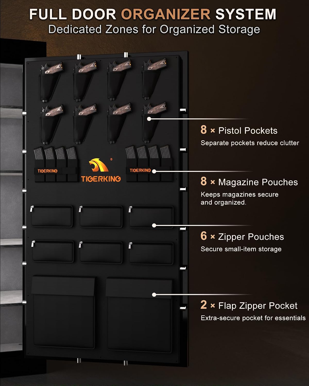 TIGERKING Gun Safe for Rifles and Pistols, 45-Min 1200°F Fire Protection, 58 Long Guns, Heavy-Duty Steel Gun Cabinet, Modular Shelves & Racks, Door Organizer, 642 lbs, 72.0"H x 43.3"W x 27.0"D