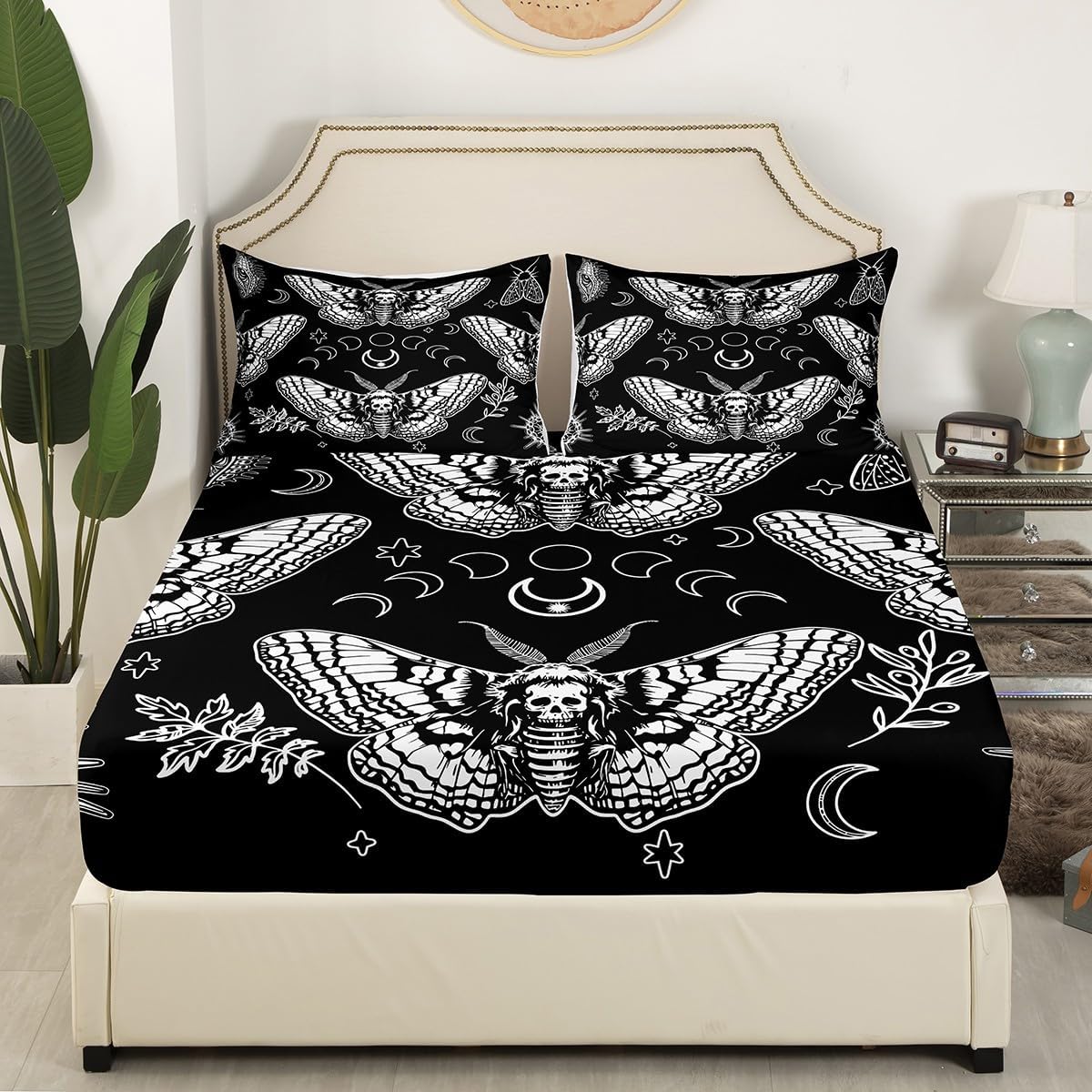 Manfei Gothic Skull Fitted Sheet and Pillow Case Set - Moon and Star Decor, Microfiber Bed Sheet Set (1 Fitted Sheet + 2 Pillow Cases) Full Size