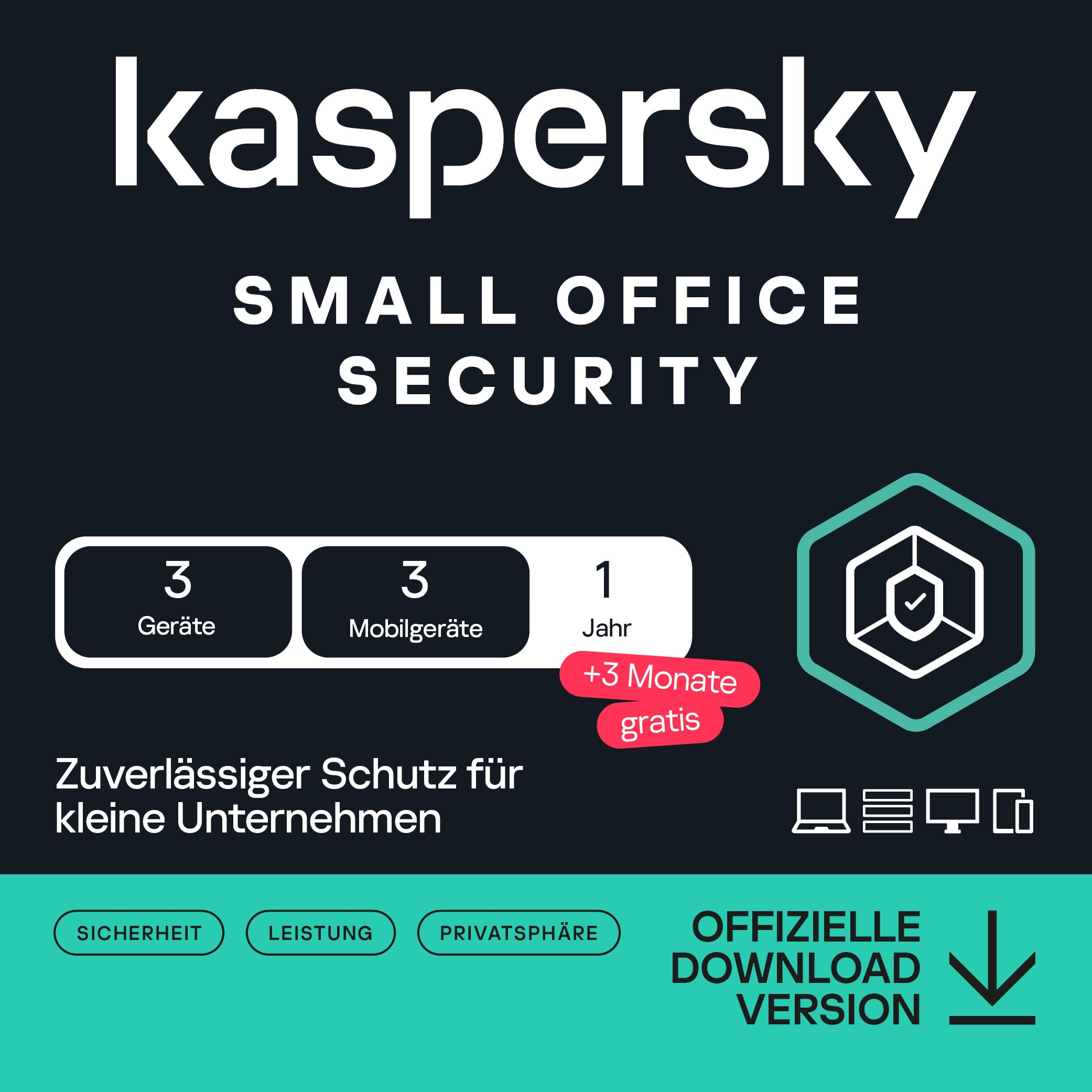 Kaspersky Small Office Security für Desktops und mobile Geräte 2026 | 3 Desktops | 3 mobile Geräte | 3 Benutzer | 1 Jahr +3 Monate kostenlos | Aktivierungscode per E-Mail