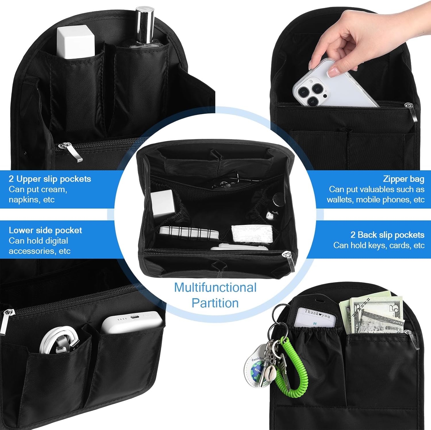 Sweetude 2 Pcs 7.9 x 4.8 x 11 Inch Mini Backpack Organizer Insert Small Shoulder Bag Divider for Rucksack Handbag Shoulder Bag Purse(Black, Light Blue) - Image 3