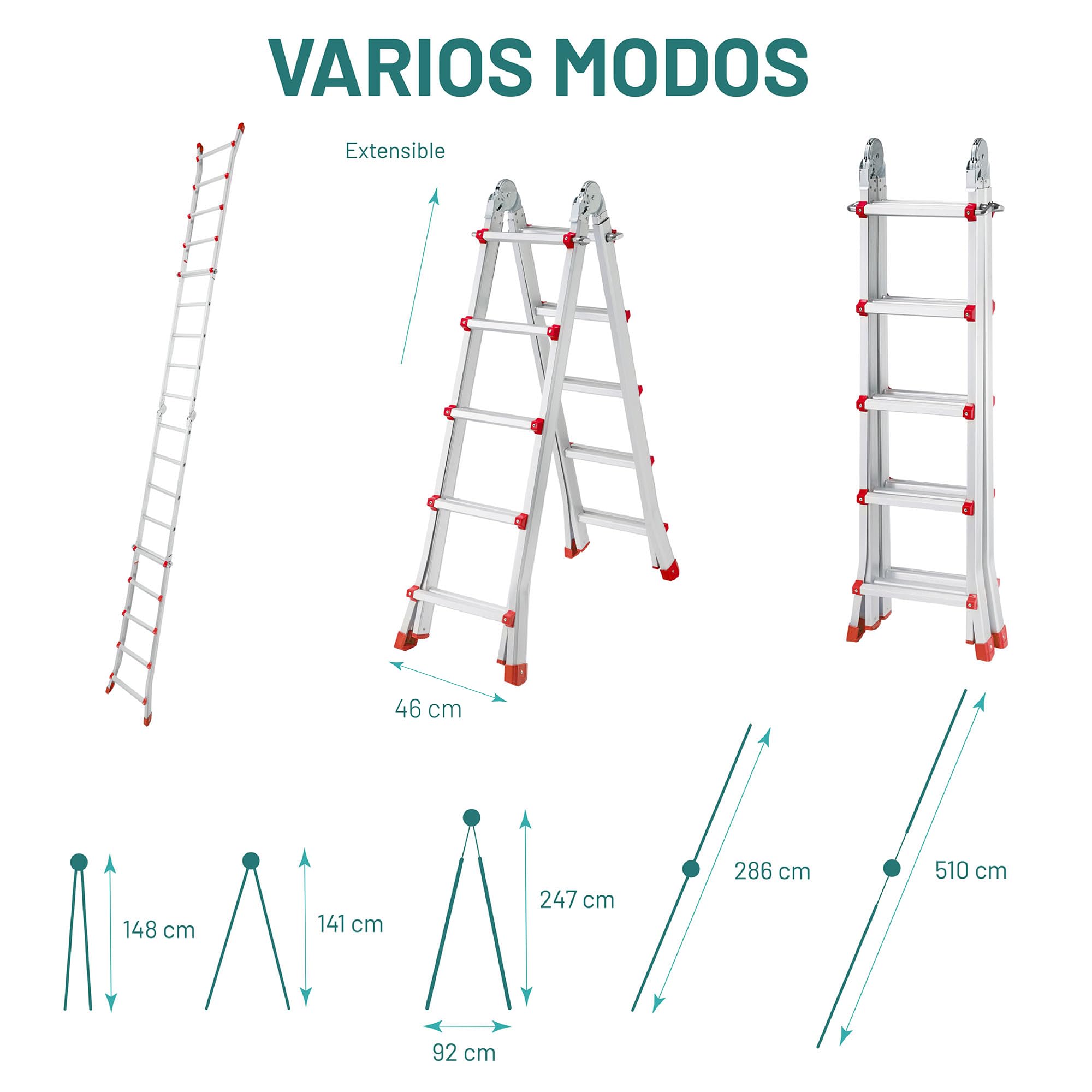 Escaleras Plegables Aluminio, Escalera Plegable, Escalera telescópica, Extensible en 4x5 (10+10 escalones) 5,10 Metros desplegada y 2,55 Metros en Tijera, válida hasta 150 kgs. con Normativa EN131