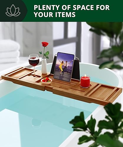 Miniatura 51 de Royal Craft - Bandeja de bambú para bañera con soporte para libro y vino Bambú Negro,Negro (plegable),Bambú carbonizado (marrón),Gris