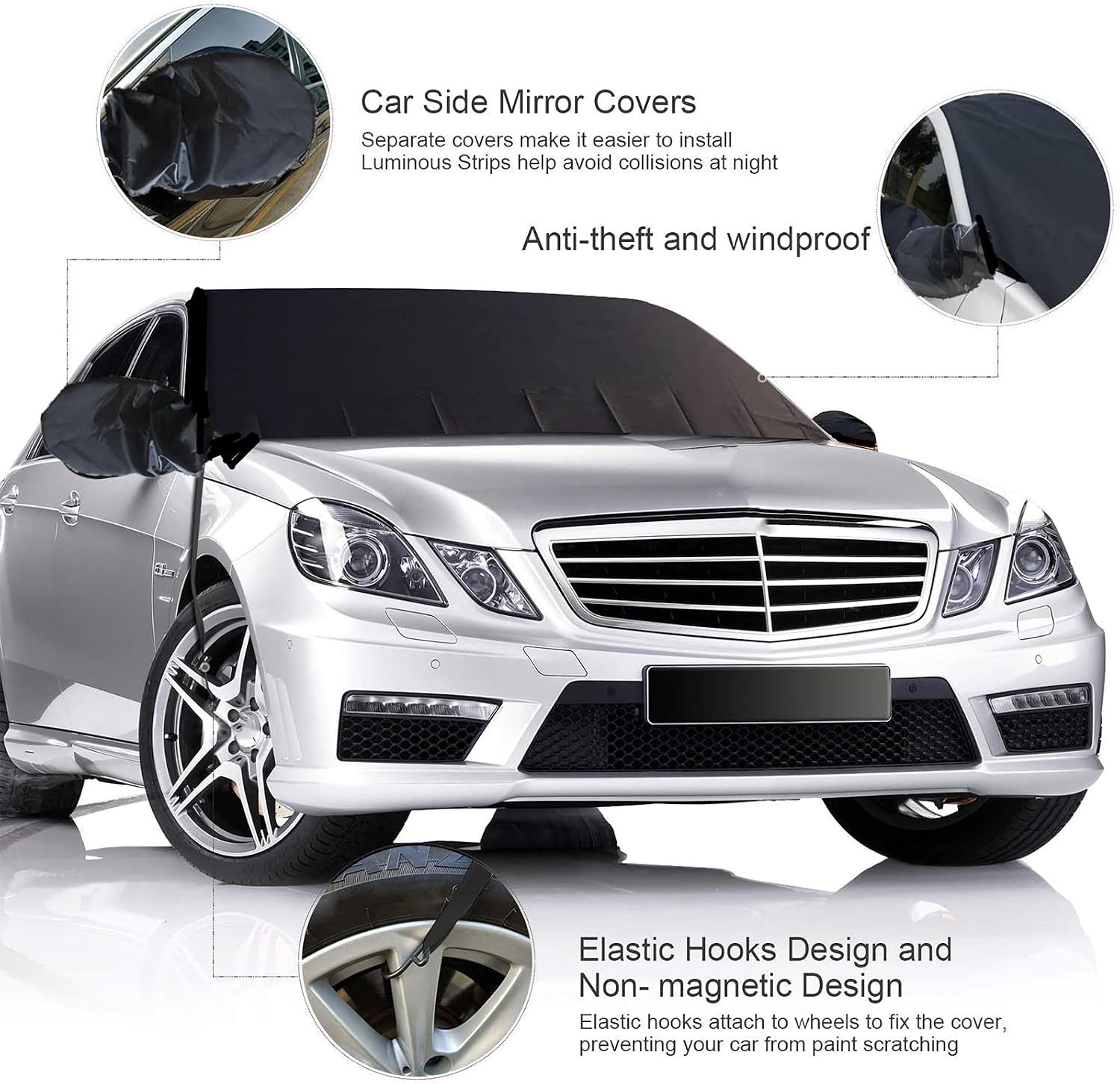 Car Snow Cover with Side Mirror Protection, Windshield Ice and Snow Shield, Black 215x155x135cm Winter Sunshade for SUV and Sedan Front Window