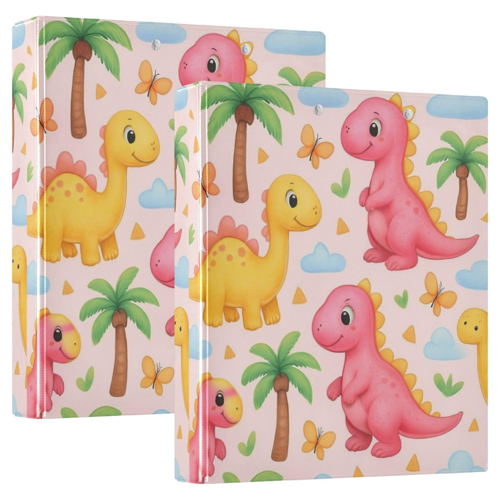 Confezione da 2 raccoglitori ad anelli con 3 anelli, motivo dinosauri rosa e gialli, con tasche grandi, per scuola, università, ufficio