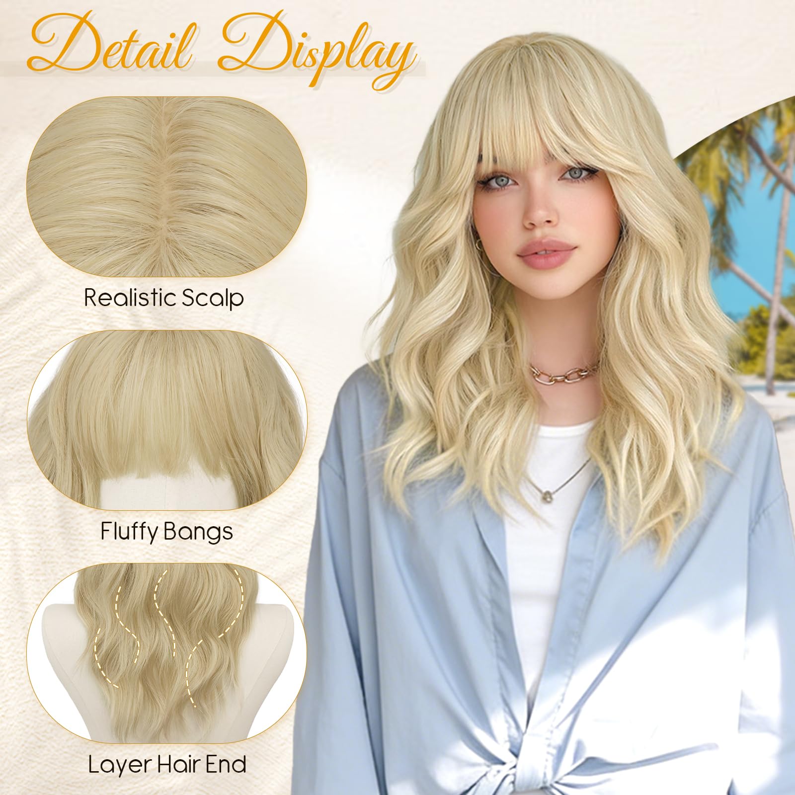 RUWISS Blond Lange Gewellte Perücke mit Pony für Damen, 20 Zoll Layered Perücke Damen, Natürlich Synthetisch Hitzebeständig Wigs für Alltag Party Cosplay Halloween