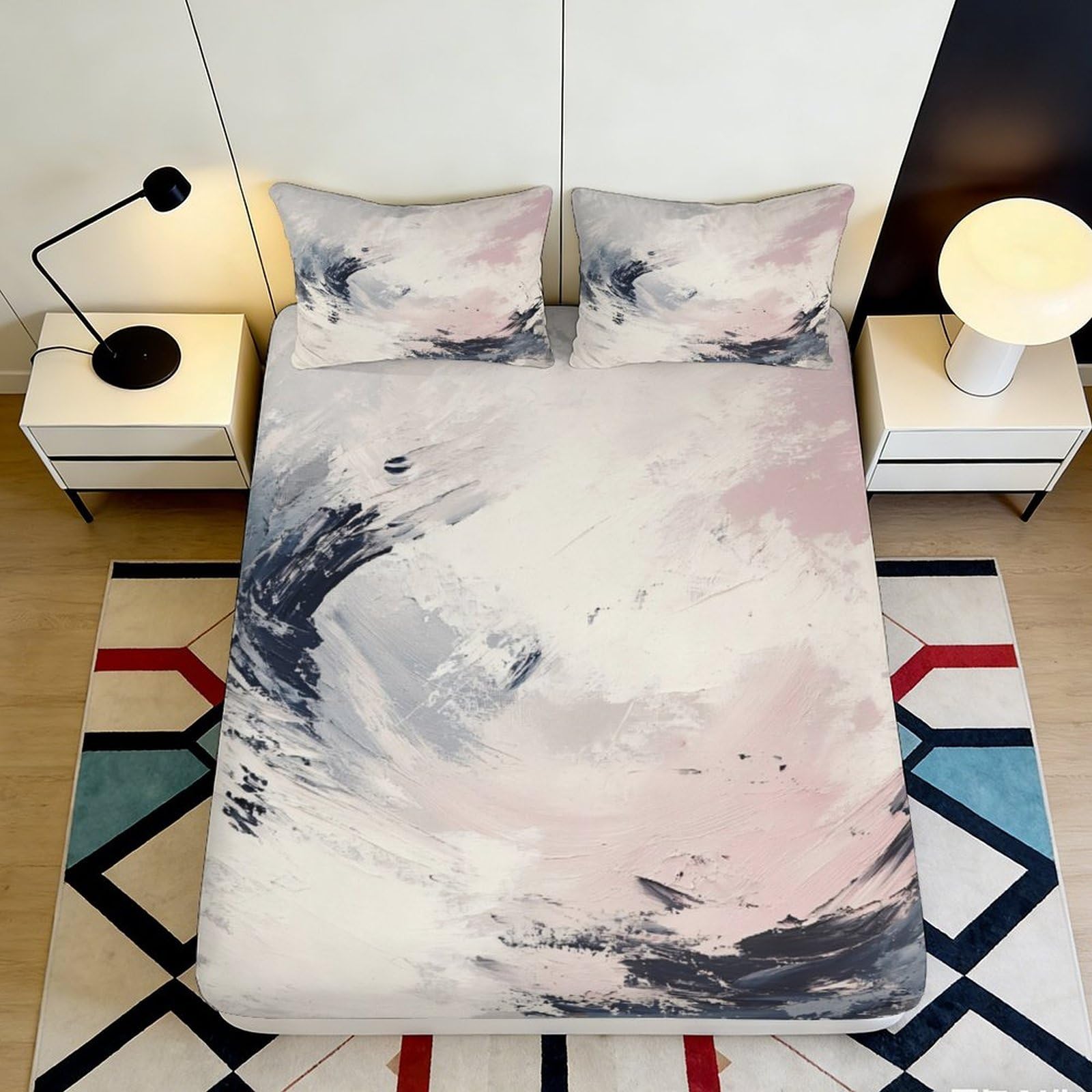3D Printed Abstract Brushstroke Fitted Sheet Microfiber Soft Pink Grey Gradient Mattress Cover for Bedroom Home Decor 120x200x25cm