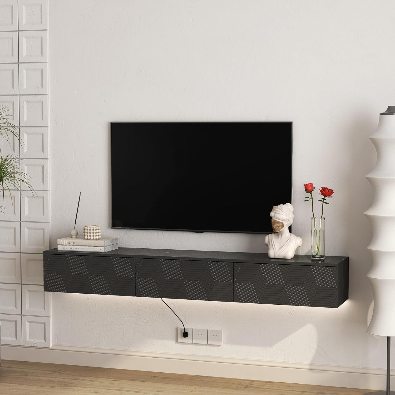 Floating TV Stand, Wall Mounted TV Shelf with Led Lights & Power Outlet, Marble Top Entertainment Center with Storage, 67'' Media Console TV Stands for Living Room, Bedroom, Black