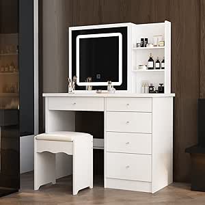 WOLTU Toeletta da Trucco con Sgabello e Specchio LED. Postazione Make Up con Luci Regolabili. 3 Cassetti. Sedia in Velluto con Schienale. in Legno e Metallo. Bianco + Crema + Oro