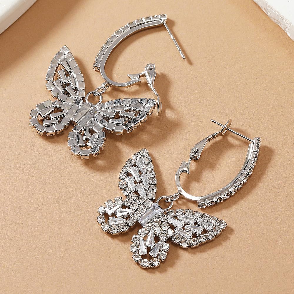 Sparkling Crystal Butterfly Hoop Dangling Earrings for Women,Gold Rhinestone Hollowed Out Drop Earring,Cubic Zirconia Jewelry Gift for Bride Wedding - Image 5
