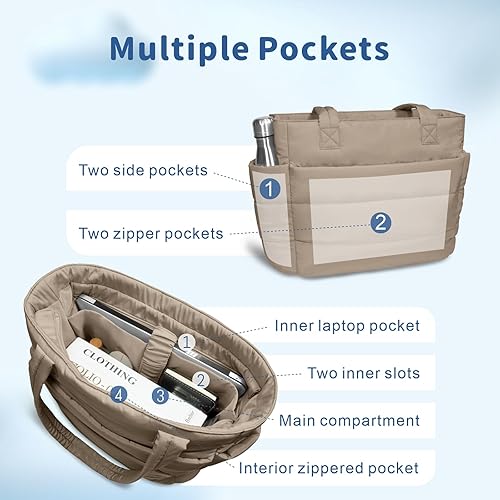 Miniatura 7 de TOPDesign Bolsa Tote Acolchada para Mujer, Bolso de Mano Ligero Inflado con Compartimentos, Bolsa de Hombro Acolchada para Trabajo, Viajes, Gimnasio