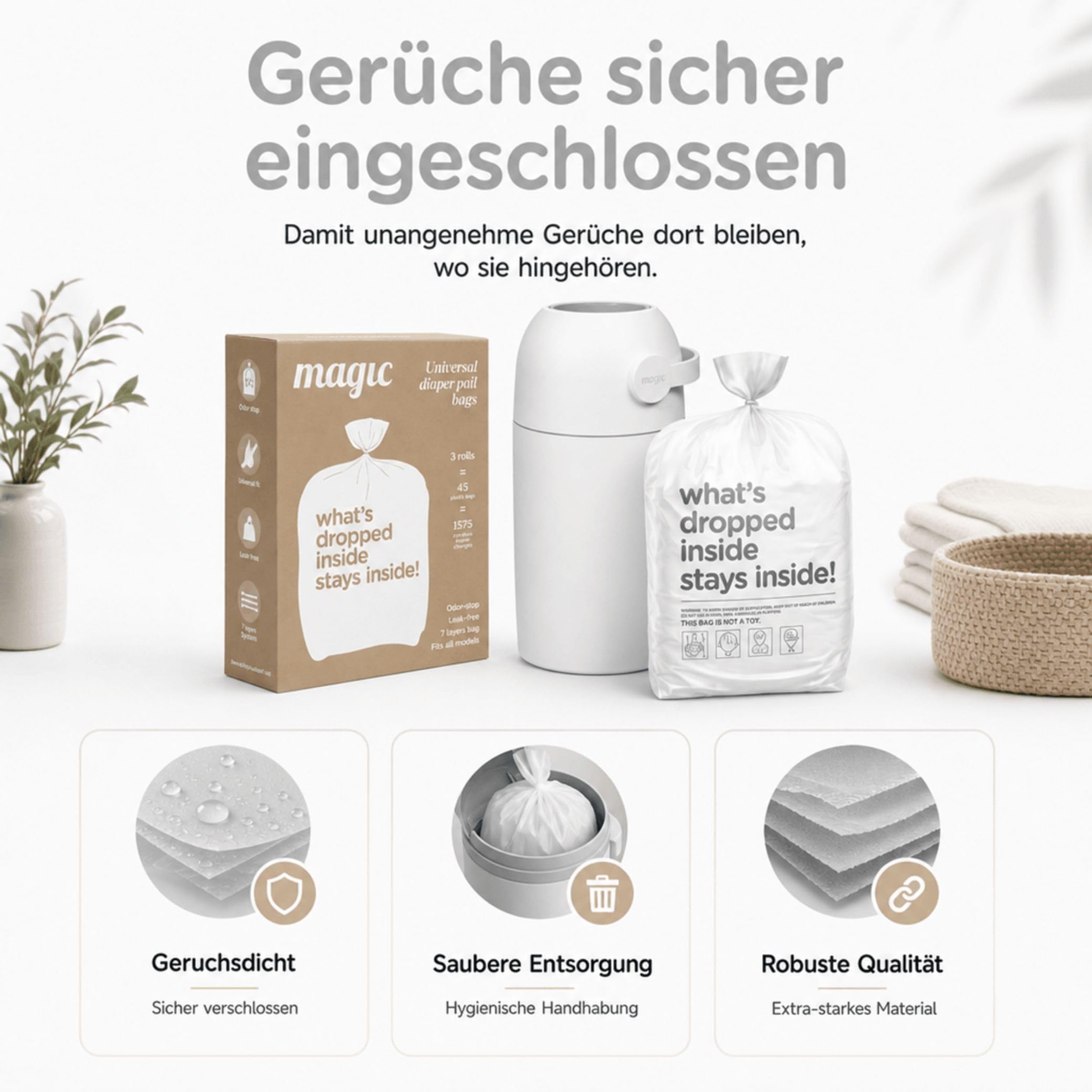 Magic Windeleimer Windeltüten Nachfüllpack - 15 extra starke, mehrlagig, geruchsdicht & 100% auslaufsicher - kompatibel mit vielen Windeleimern - inkl. Baumwoll-Windel