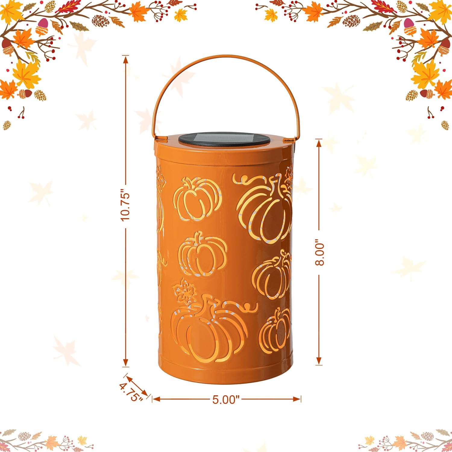 Glitzhome 10.75" H Fall Metal Pumpkin Lantern Decor Solar Powered LED Lantern Autumn Harvest Decorative Lanterns Thanksgiving Hanging or Standing Porch Decor Halloween Table Indoor Outdoor Decor