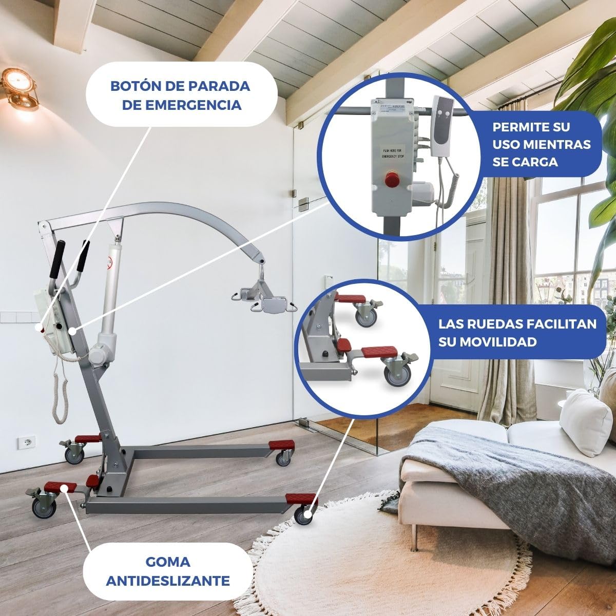 Mobiclinic®, Grúa para Personas Mayores Eléctrica, Hasta 180 kg, Incluye Arnés de Transferencia, Ancho Ajustable, Uso Mientras se Carga, Ruedas con Freno, Segura, Acero, Fortuna Basic