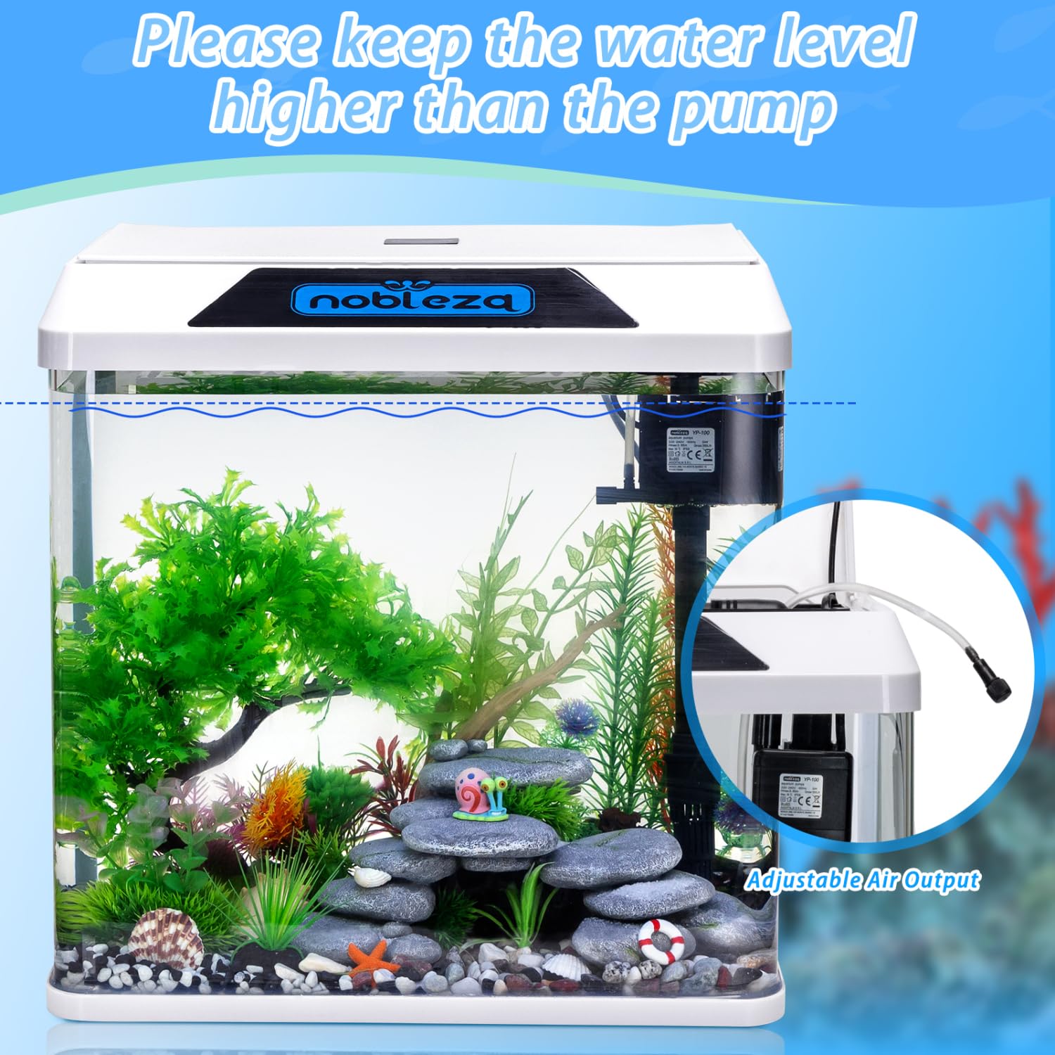Nobleza - 30L Aquarium Komplettset, Nano Aquarium mit Eingebautem Filtersystem und LED-Beleuchtung, Stabiles Einsteigerbecken für Zuhause oder Büro - Weiß