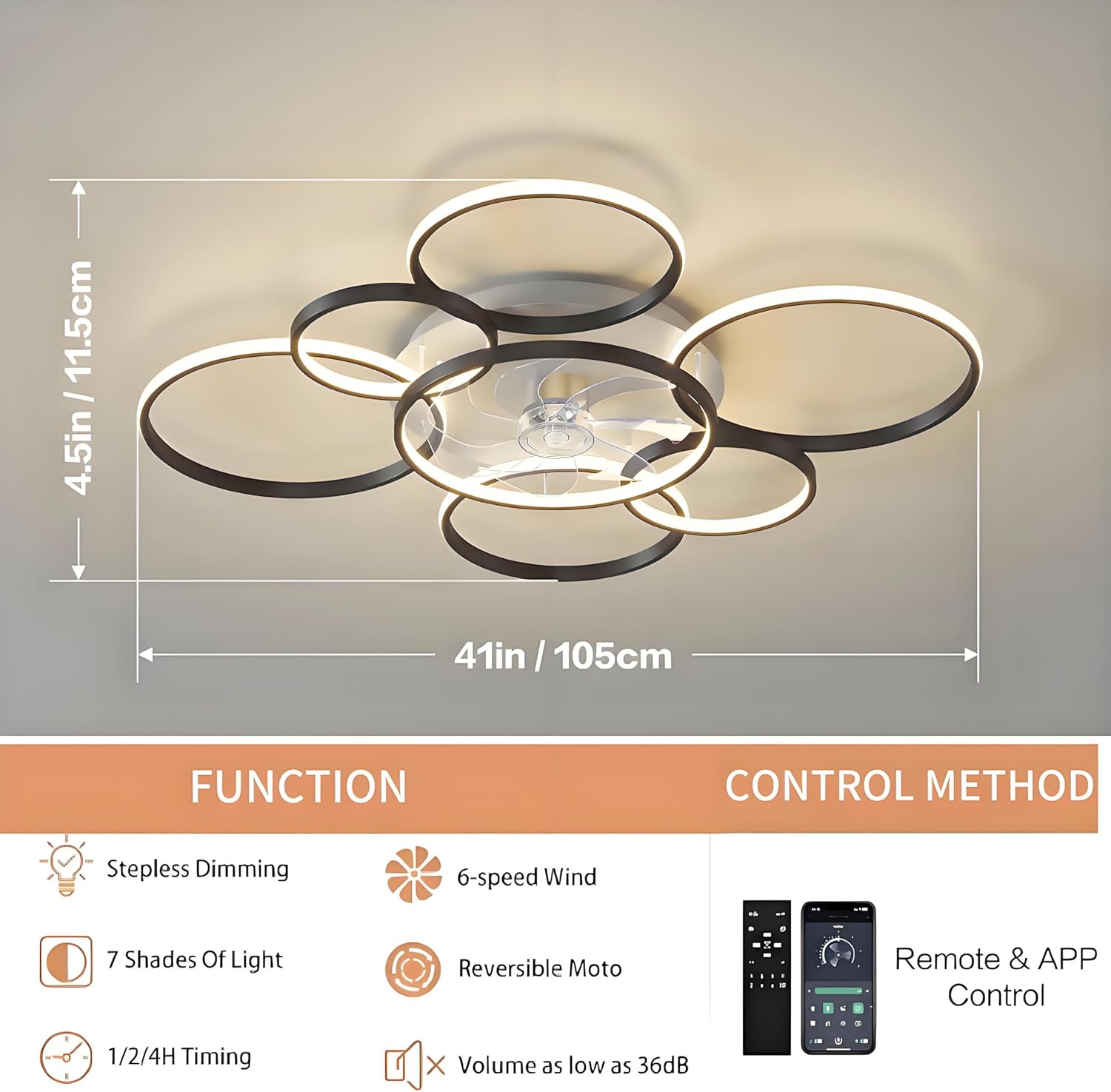 41" Modern Ceiling Fans with Lights, Ceiling Fans with Lights and Remote with 3-Color Light 6-Speed Wind, Low Profile Ceiling Fan with Led Light Stepless Dimmable for for Living Room Bedroom Room
