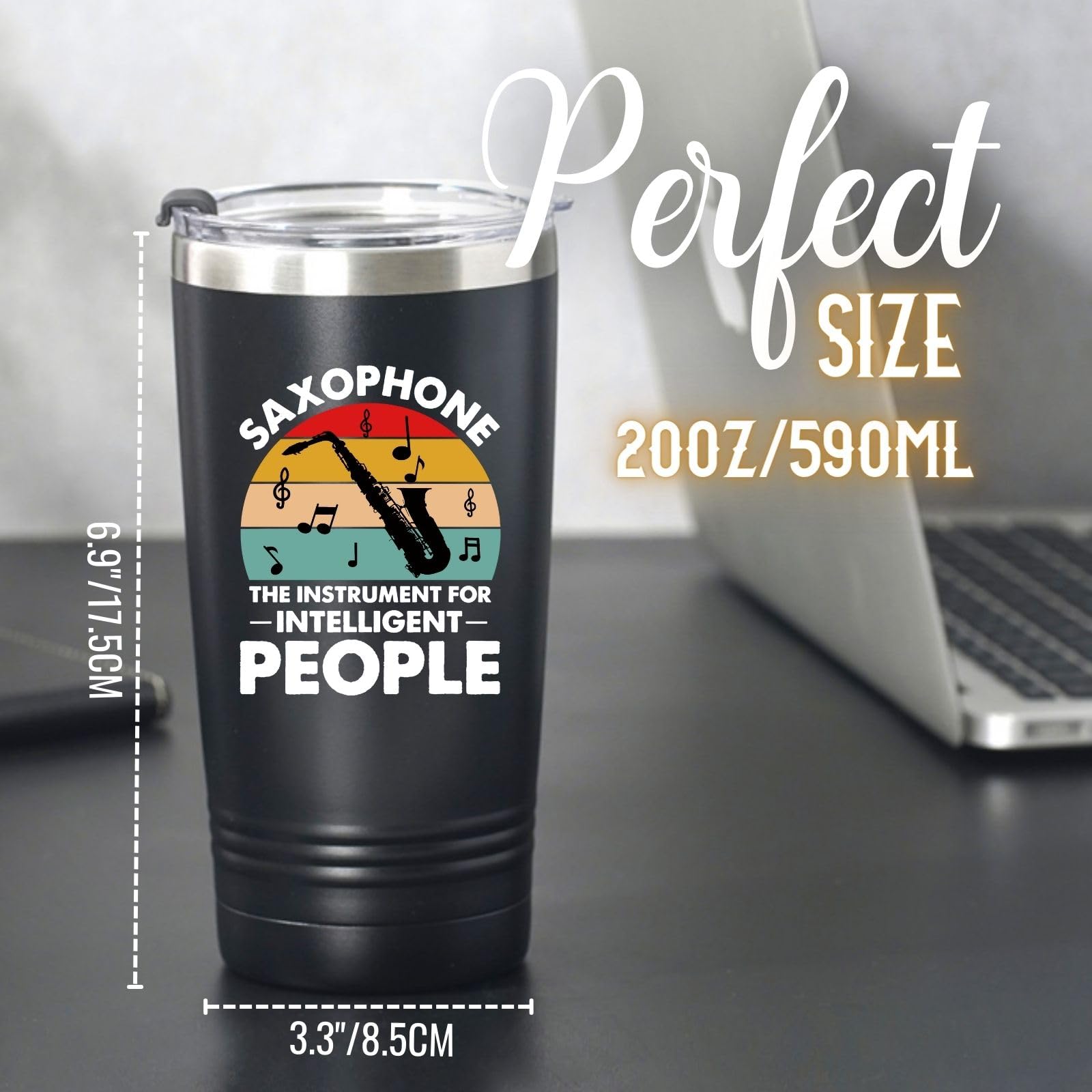Onebttl Saxophone Player Tumbler - Insulated 20oz Stainless Steel Travel Mug with Straw, Brush, Lid, and Gift Box for Jazz Lovers