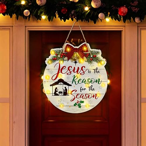 Capoda Letrero de puerta de Navidad con cadena de luces LED, decoración religiosa para colgar en la puerta de Jesús, letrero de puerta colgante