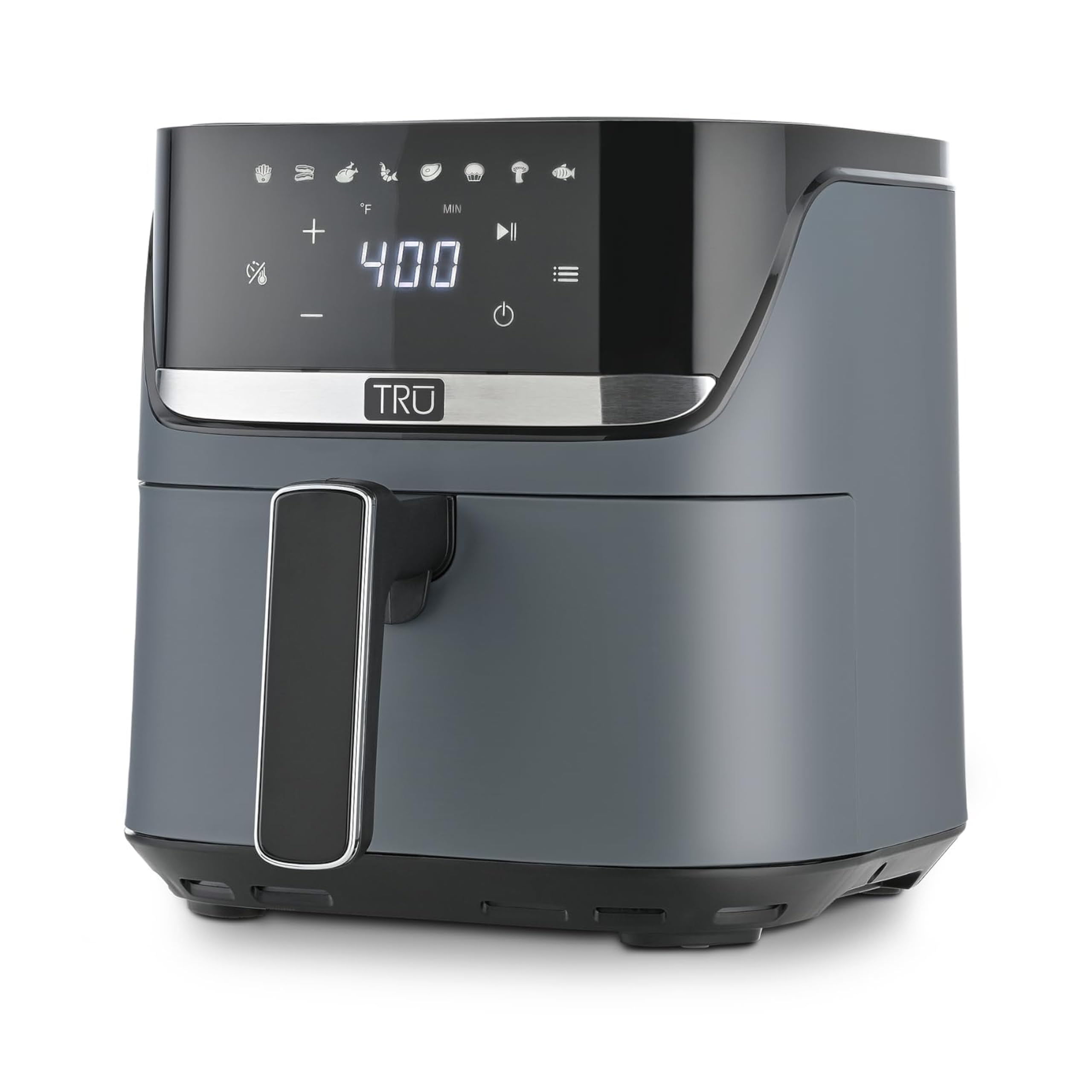 TRU 4-Quart Digital Air Fryer by Select Brands - Family Size, One-Touch Control, 8 Presets - Air Fry Chicken, Meat, Veggies, Fries - Nonstick Pot and Crisping Tray, Auto Shut Off, Matte Gray