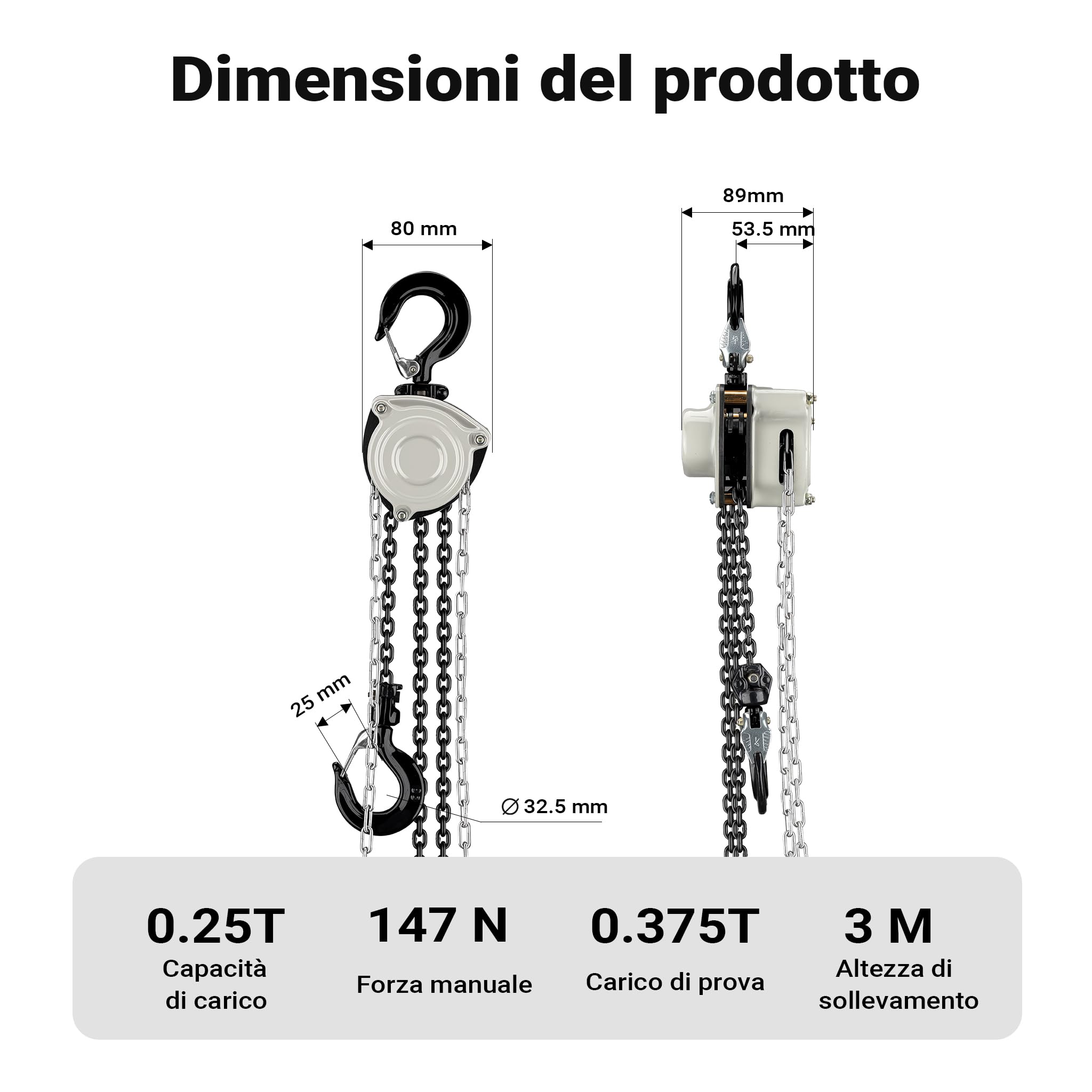 Wiltec Paranco a catena manuale V21-0,25, capacità di carico 250 kg, altezza di sollevamento 3 m, leggero e compatto, per impieghi gravosi