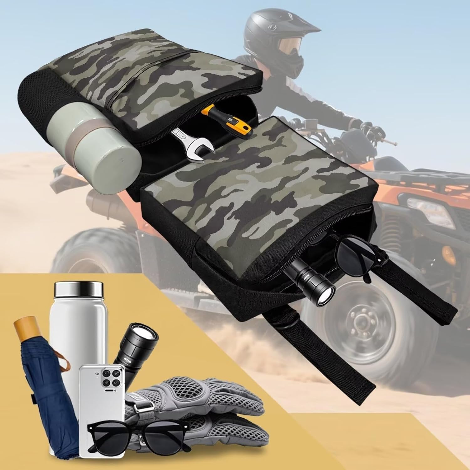 SEANATIVE Camo ATV Fender Bag Cargo Storage Bag 2 Pcs for Front and Rear Fender Beside Tank Rack – Durable UTV Accessories for Roll Cage and Bar Gear Organizer