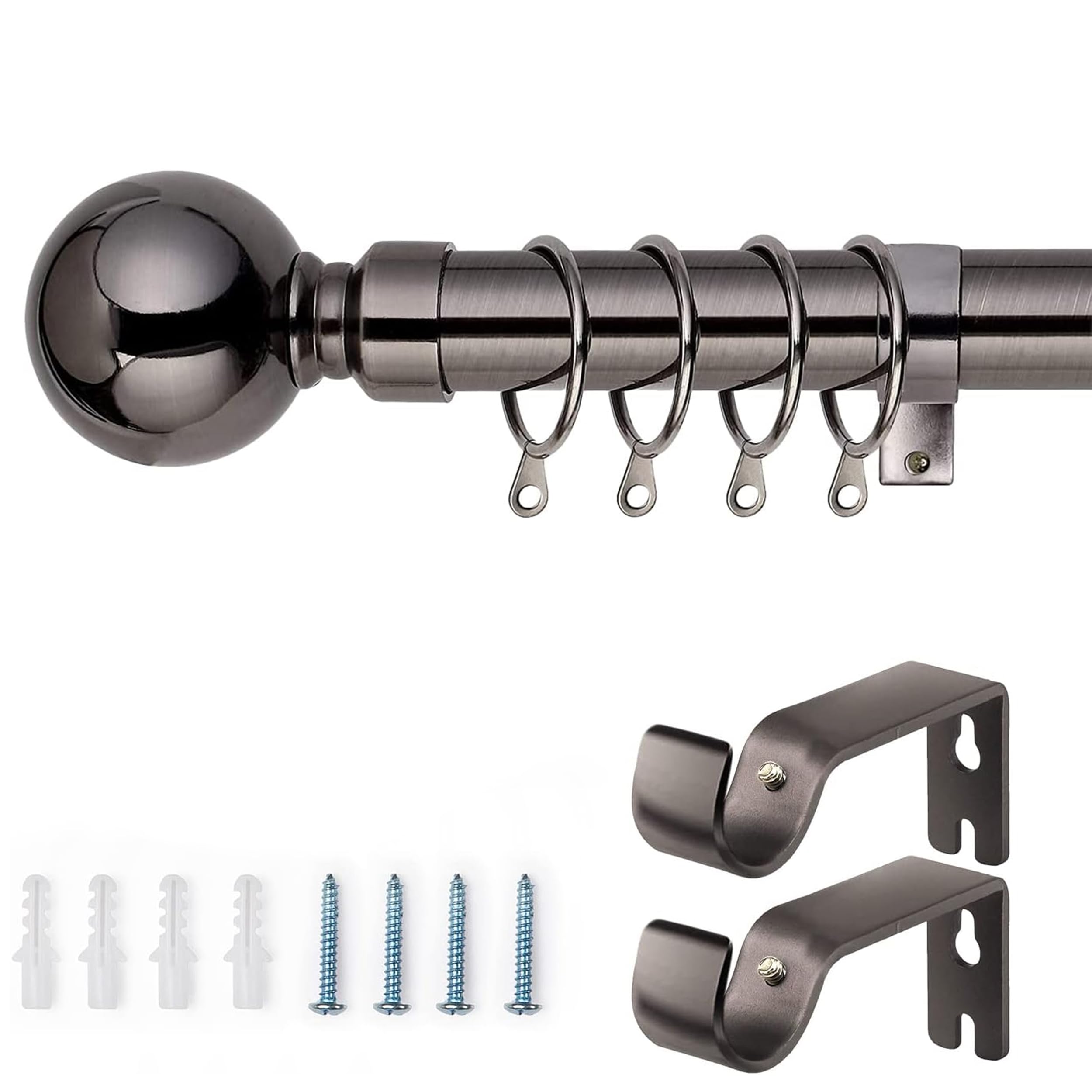 Ameha Black Nickel Curtain Poles Plain Metal Ball Extendable Curtain Pole Includes Adjustable Curtain Rods, 60 Mm Finials, Rings, Brackets And Fitting Set (70-120Cm, 28 Inch To 48 Inch, )