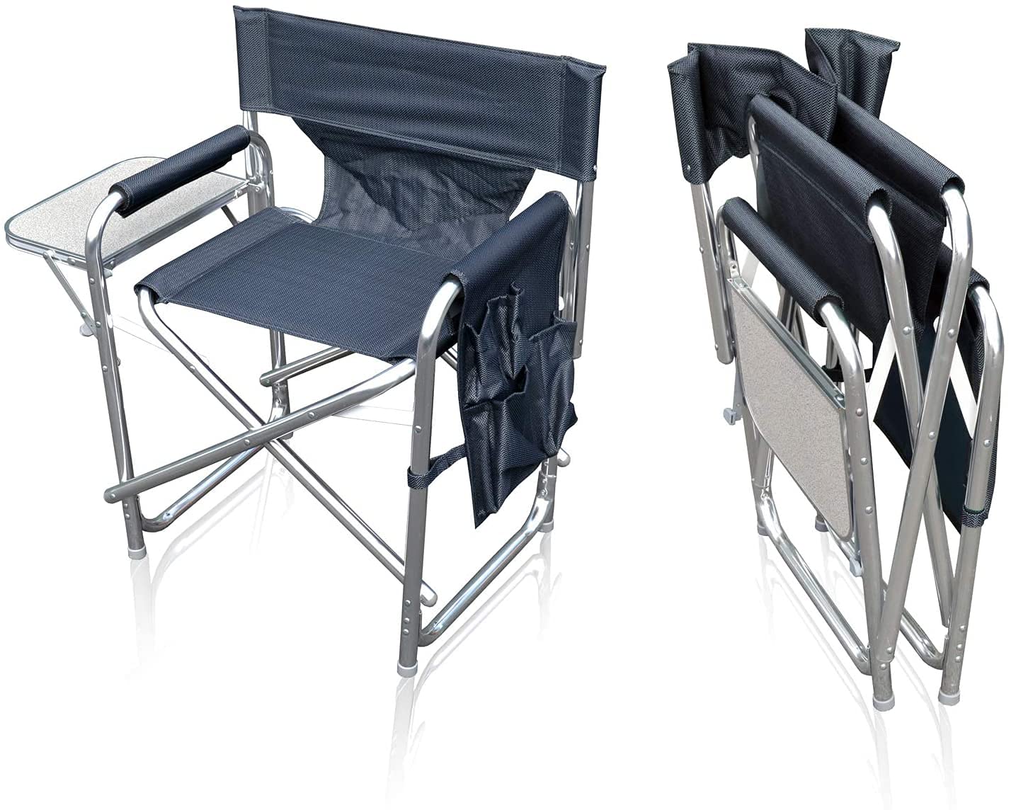 MP Essential Folding Strong Sturdy Solid Aluminium Sports Directors Chair with Folding Side Table & Pockets, Ideal for Fishing Garden Camping Outdoor Event (Graphite Grey)