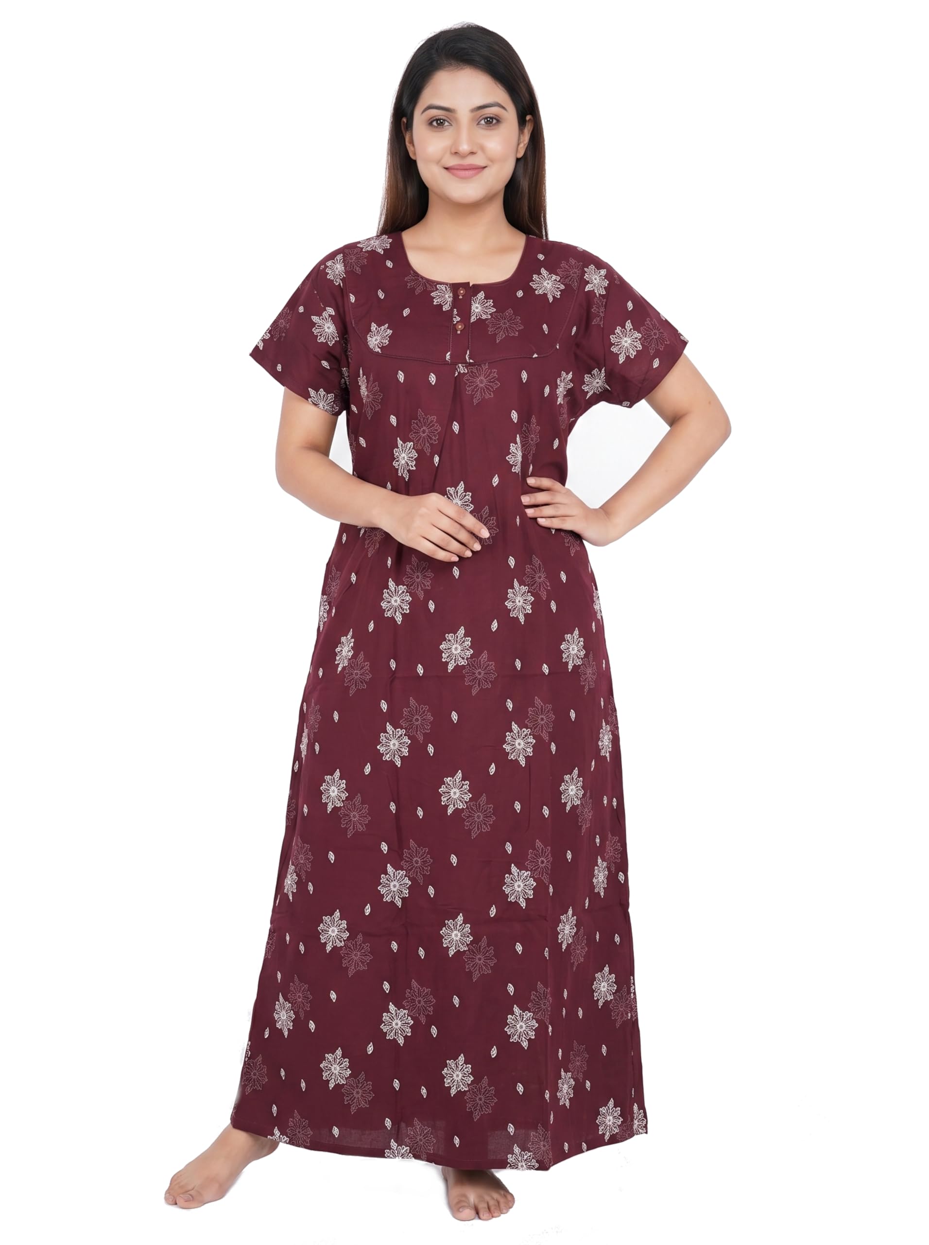 Women's Cotton Printed Nighty | Free Size | Floral Leaf Print | Full Length | Round Neck | Half Sleeve | Right Side Pocket | Soft Home Wear & Sleepwear-picture-13