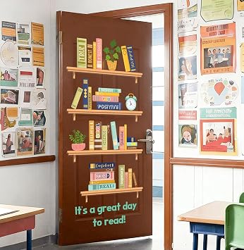 JarThenaAMCS Classroom Door Cover Decoration Sticker Boho Reading Bookshelf Window Door Cling Its a Great Day to Read Bulletin Board Large Motivation Wall Decals for Back to School Library, 2Sheets
