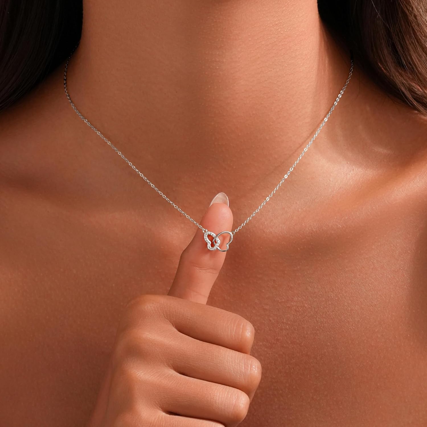 14K Gold Plated Dainty Butterfly Heart Necklace for Women, 925 Sterling Silver White Cubic Zirconia Double Love Heart Interlocking Pendant Necklace to Daughter Mother Hypoallergenic Spring Jewelry Gifts for Her Wedding Mothers Day - Image 3