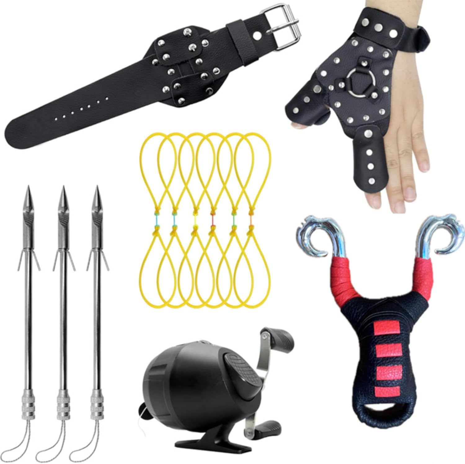 Bow Fishing Slingshot Combo Kit, Wrist Rocket Slingshot Kit, Bowfishing Slingshot with Fishing Reel and Line/Broadhead/Rubber Band/Left-Hand Guard/Adjustable Wrist Support