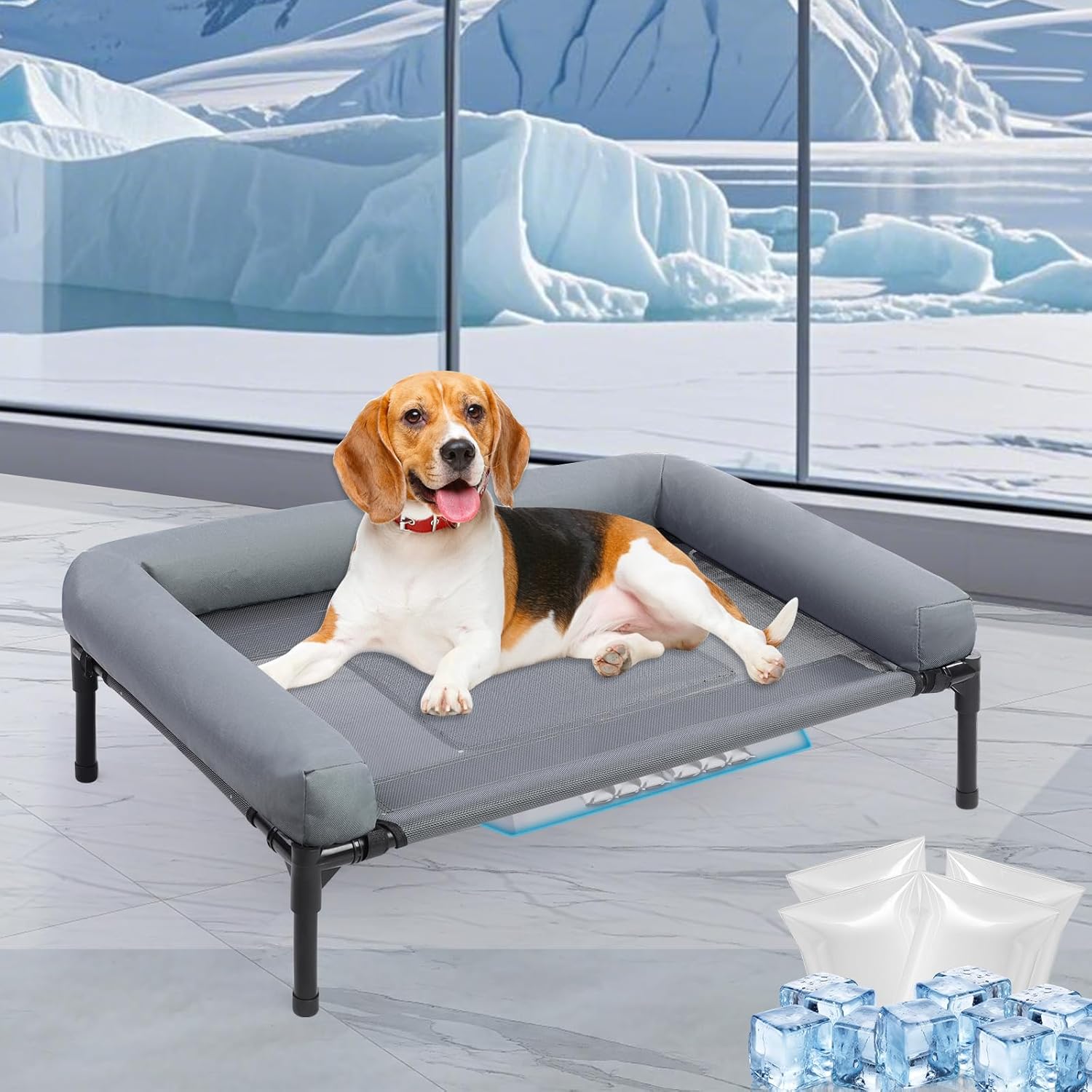 34'' Cooling Elevated Dog Bed with Pillow,Outdoor Indoor Raised Dogs Bed with Four Ice Pack, Breathable Dog Cot Beds with Teslin Small Medium Size Dogs,Outdoor Pet Hammock Bed, Outside Pet Beds(Small)