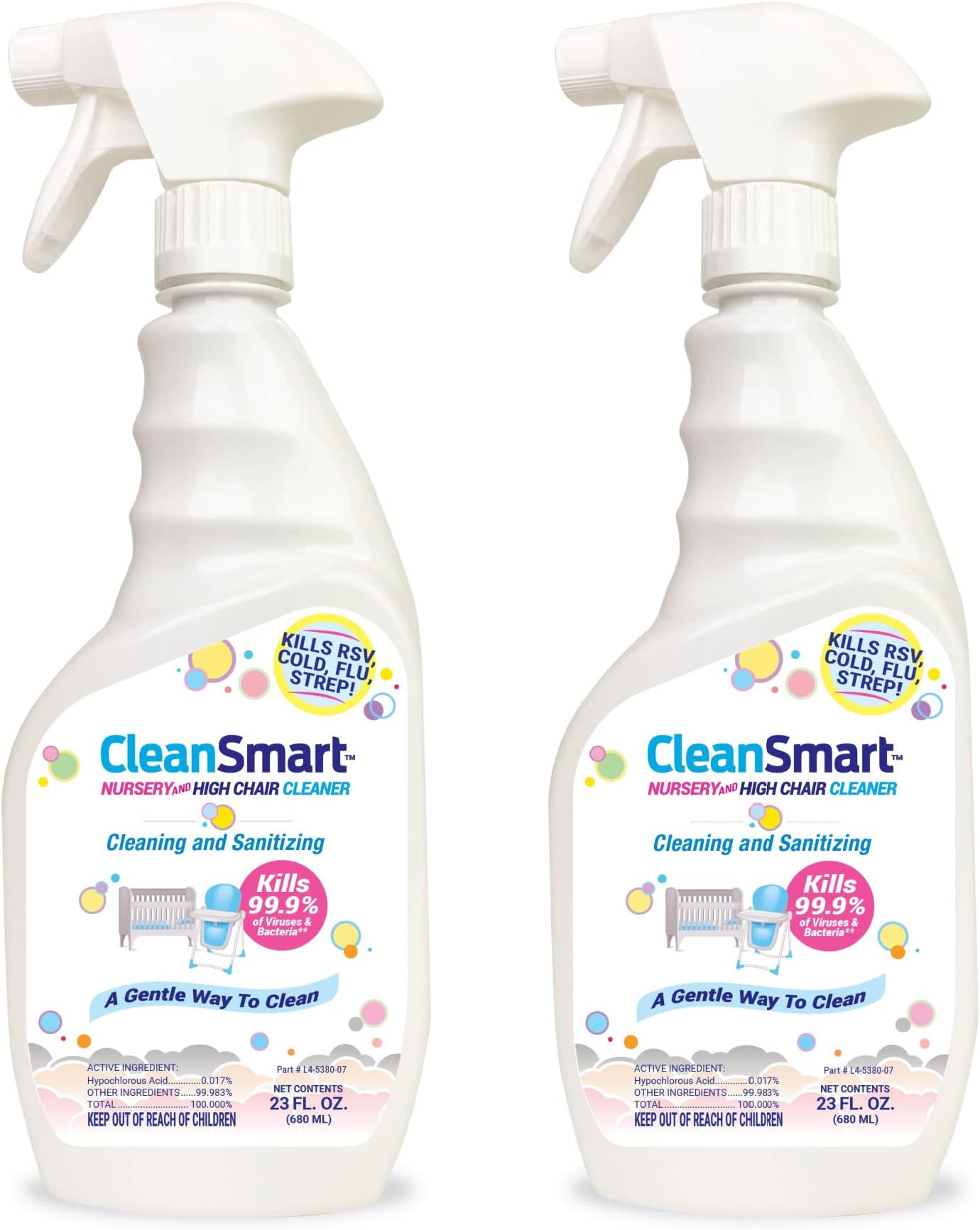 Nursery & High Chair Cleaner, 23 Ounce Bottle (Pack of 2), Hypochlorous Naturally Kills 99.9% of Viruses like RSV & Flu with Zero Residue