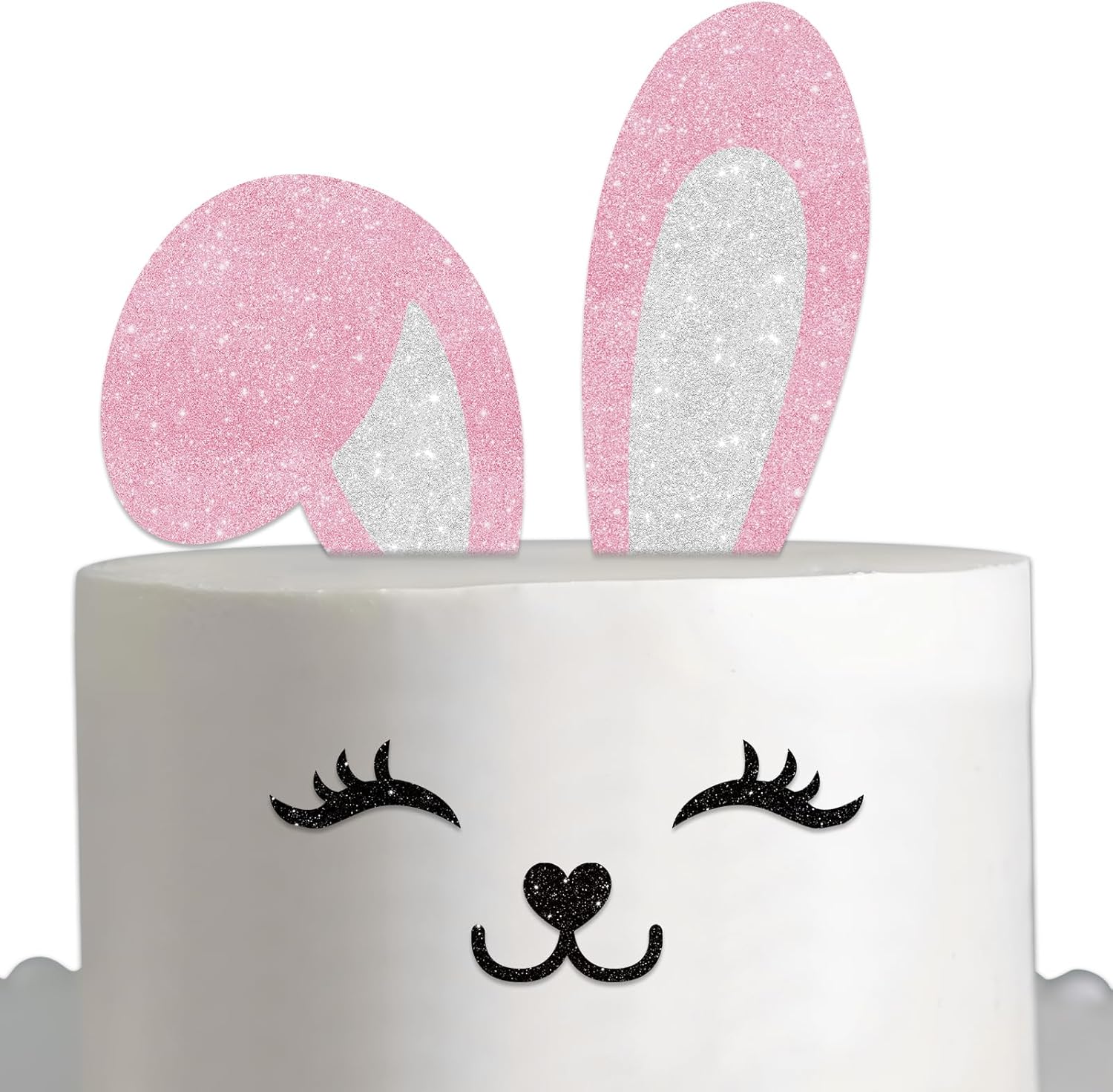 Pink Glitter Bunny Ears Cake Topper Decor Supplies Eyelashes Nose Picks for Easter Rabbit Theme Happy Birthday Spring Easter Party Decorations