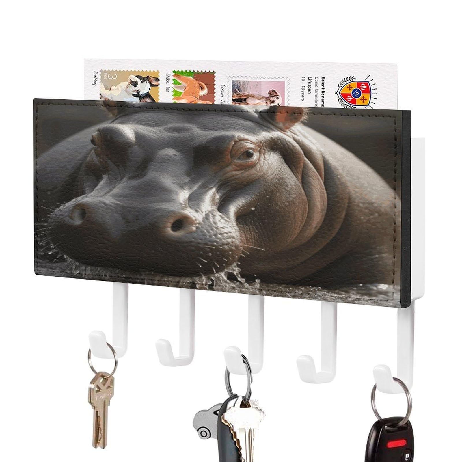Fekiloot White-Style Hippo Key Holder Wall Mount Key And Mail Holder Key Hanger With 5 Hooks Decorative Pu Key Rack Hanging Key Hooks For Wall Living Room Kitchen Bathroom Hallway