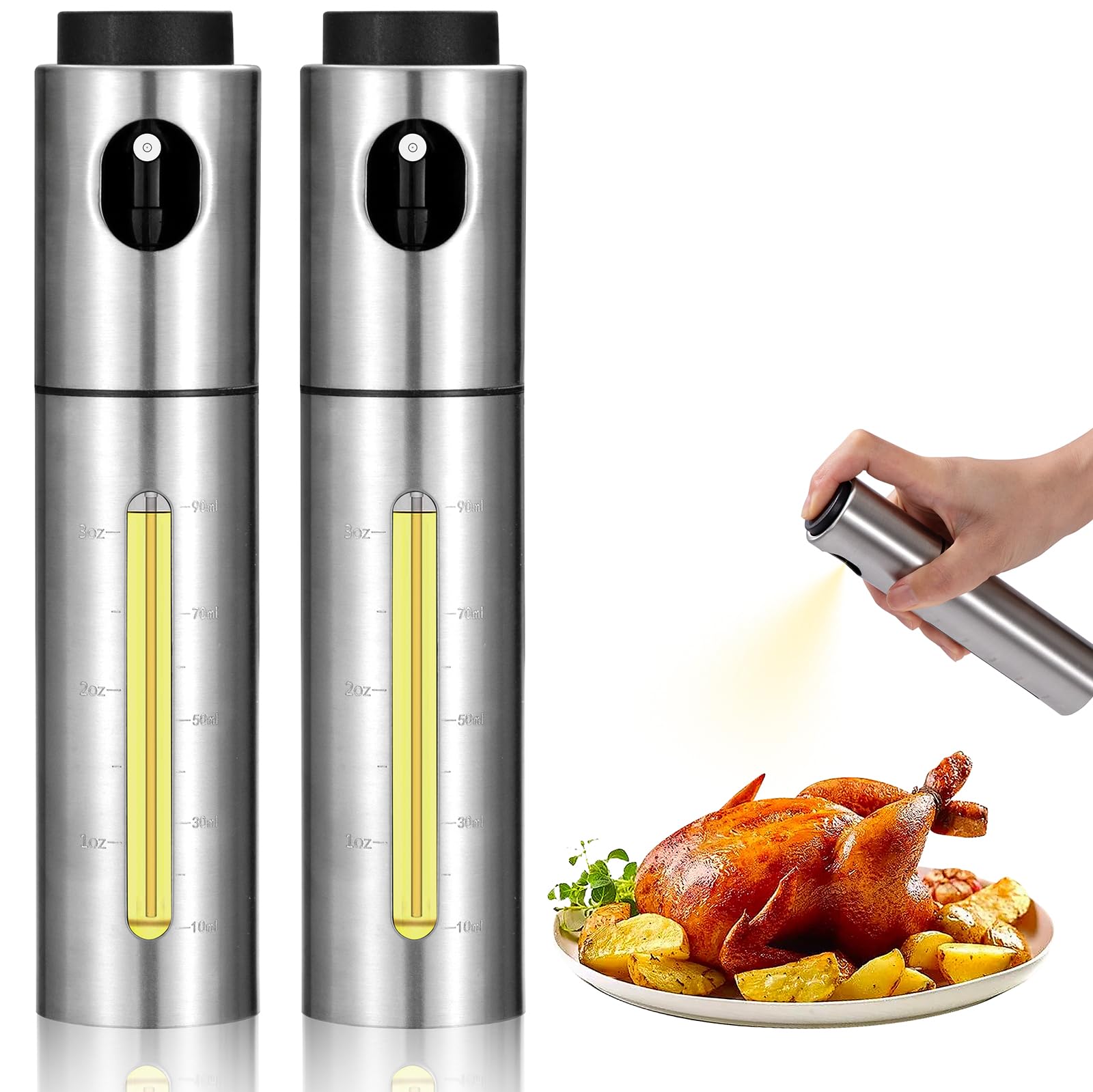 Spruzzatore Olio Acciaio Inossidabile Oil Spray Bottle 100ml Nebulizzatore Olio Oliva Controllo Dell'Olio Nebulizzatore Olio Con Scala per Cucinare Grigliare Insalata 2 Pezzi arrotondato