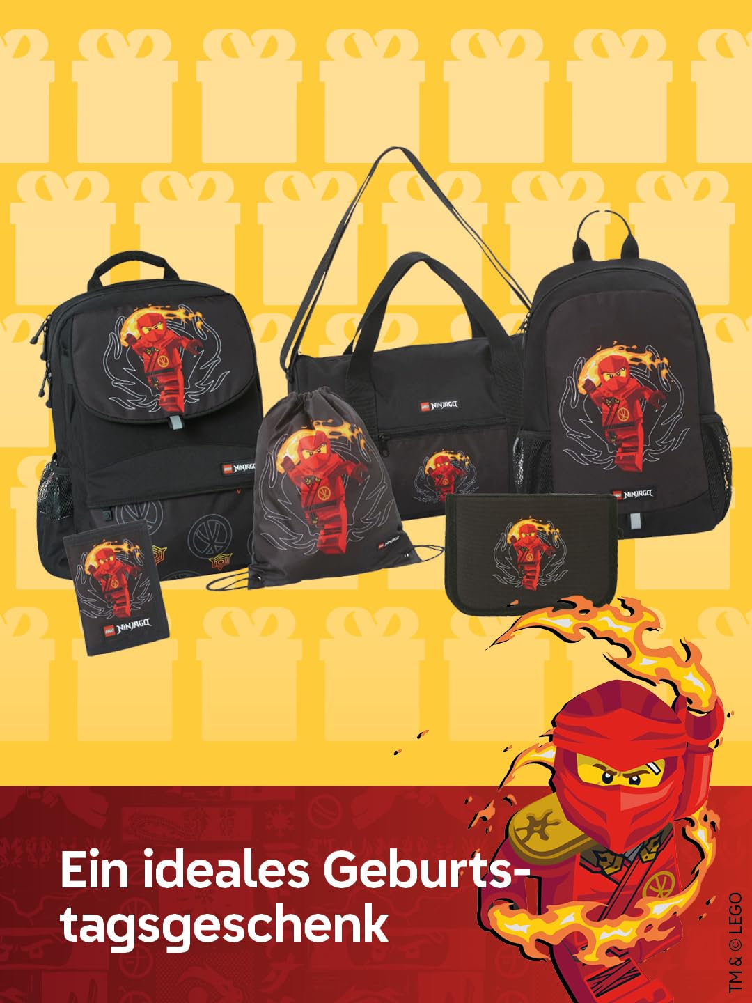 LEGO® NINJAGO® Schulranzen Jungen 1. Klasse Set Red –6-teilig LEGO NINJAGO Set mit Schulrucksack Jungen, Turnbeutel, Federmäppchen Junge, Geldbörse & Sporttasche